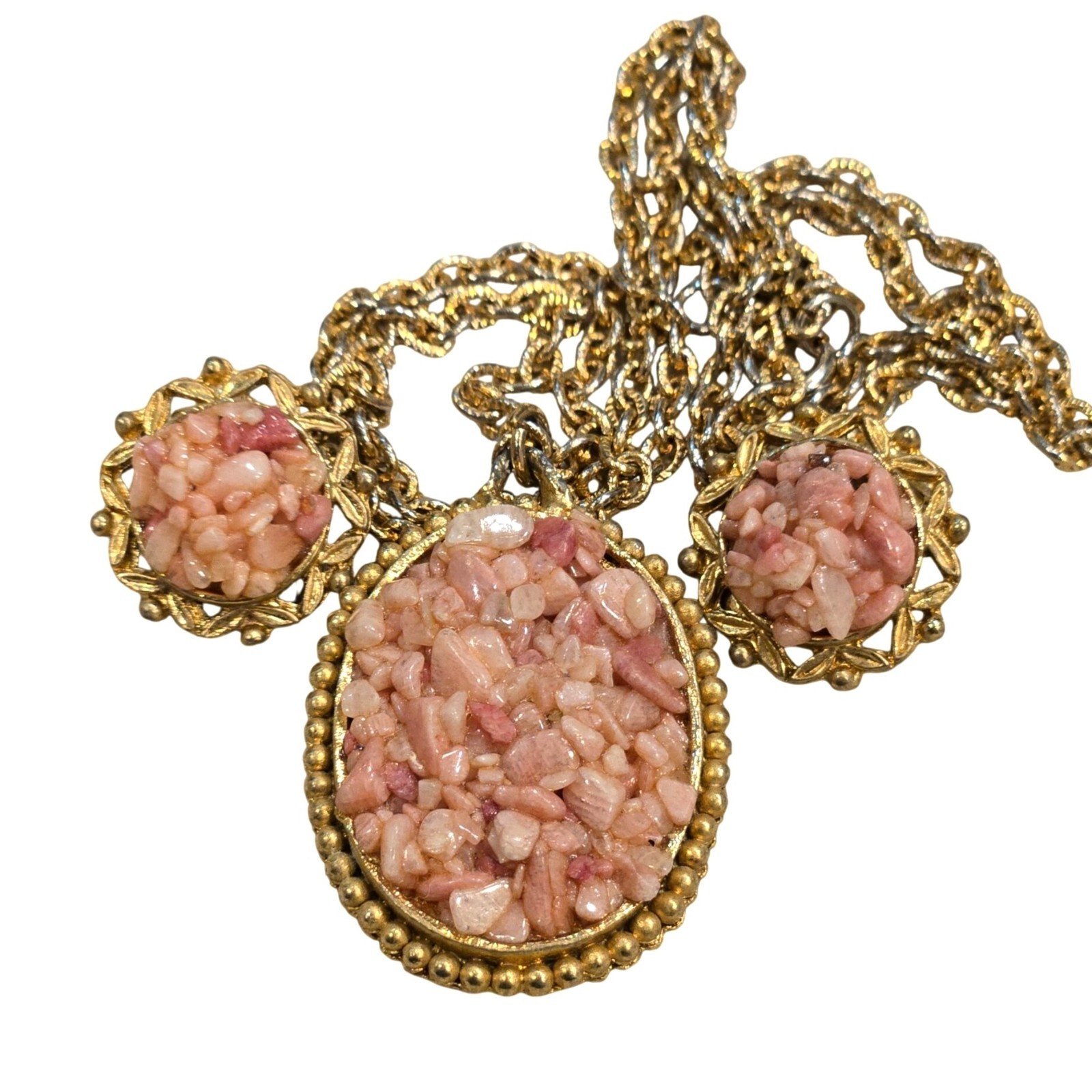 Vintage Pink Agate Chip Necklace and earring set Pendant retro costume Jewelry
