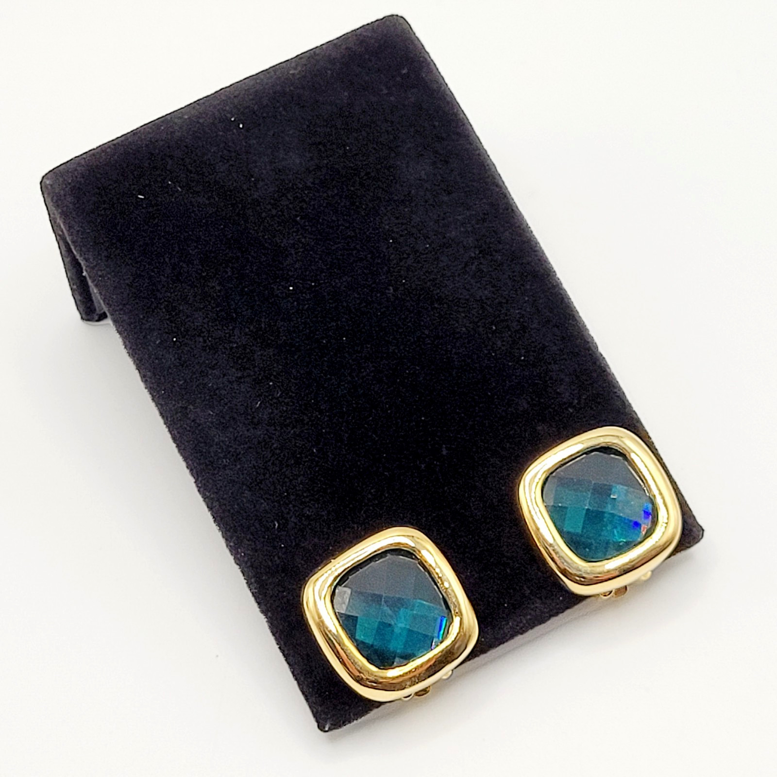 Aqua Light Blue Green Faceted Glass Soft Square Gold Tone Bezel Clip On Earrings
