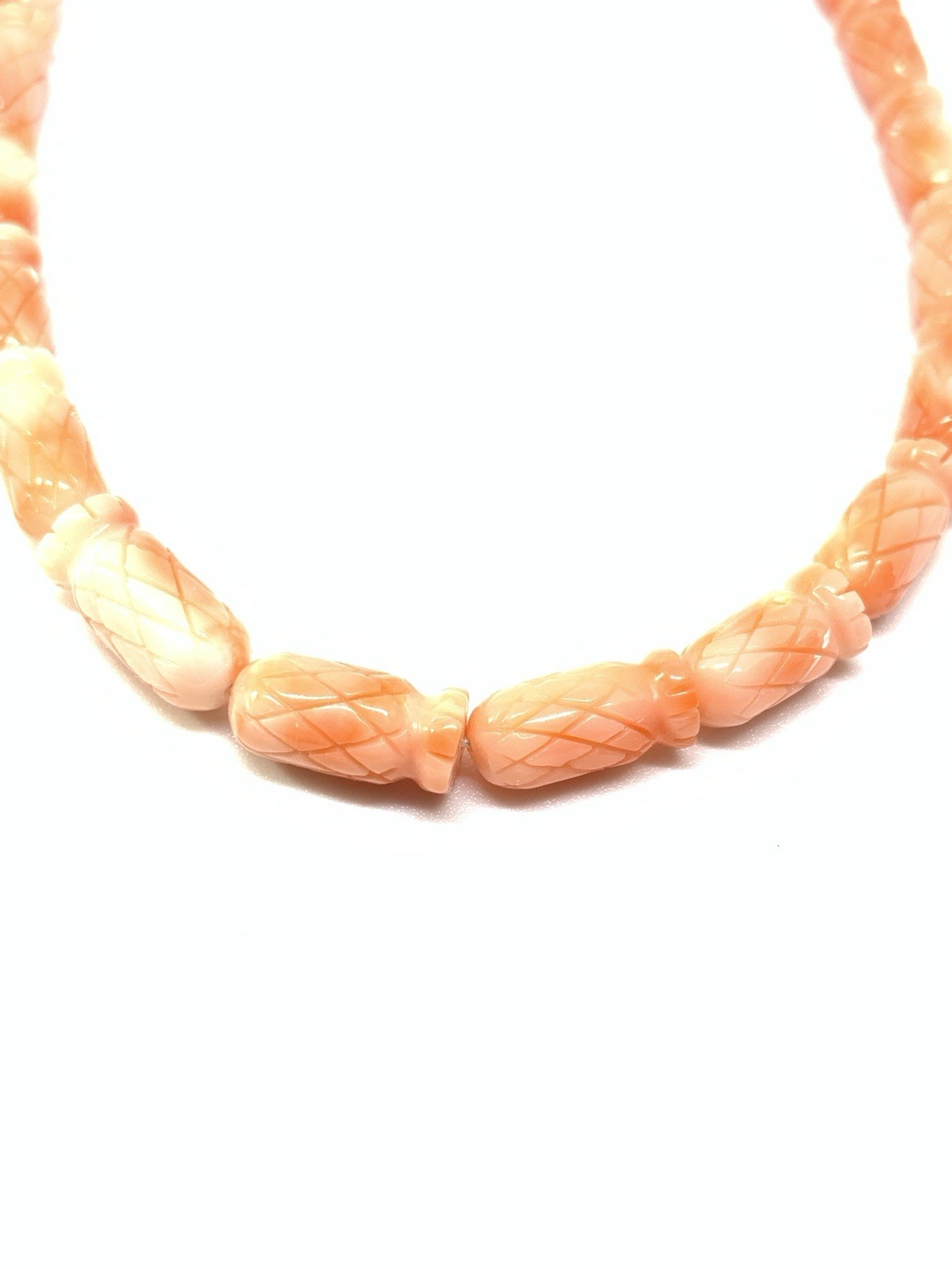 Vintage Carved Genuine Pineapple Carved Coral Bead Necklace Barrel Clasp