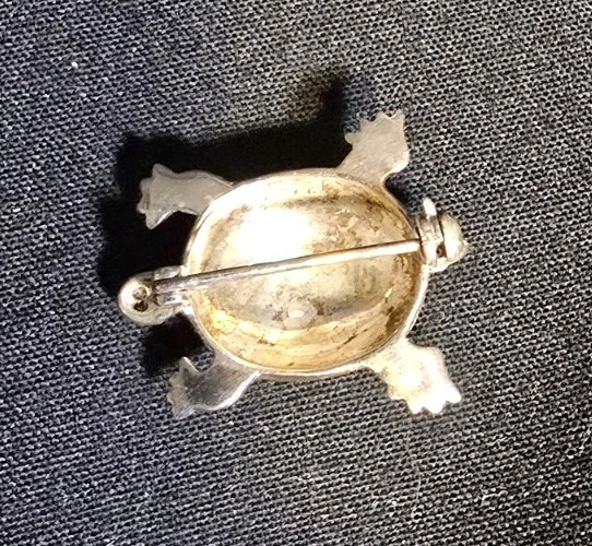 Sterling Silver Turtle Brooch features Marcasite Accents and Red Coral Eyes