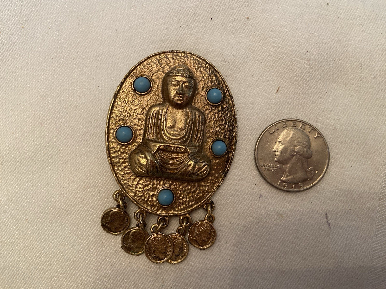 Vintage ZENTALL? Estate BUDDHA Goldtone Brooch w/Dangling Coins & Turquoise