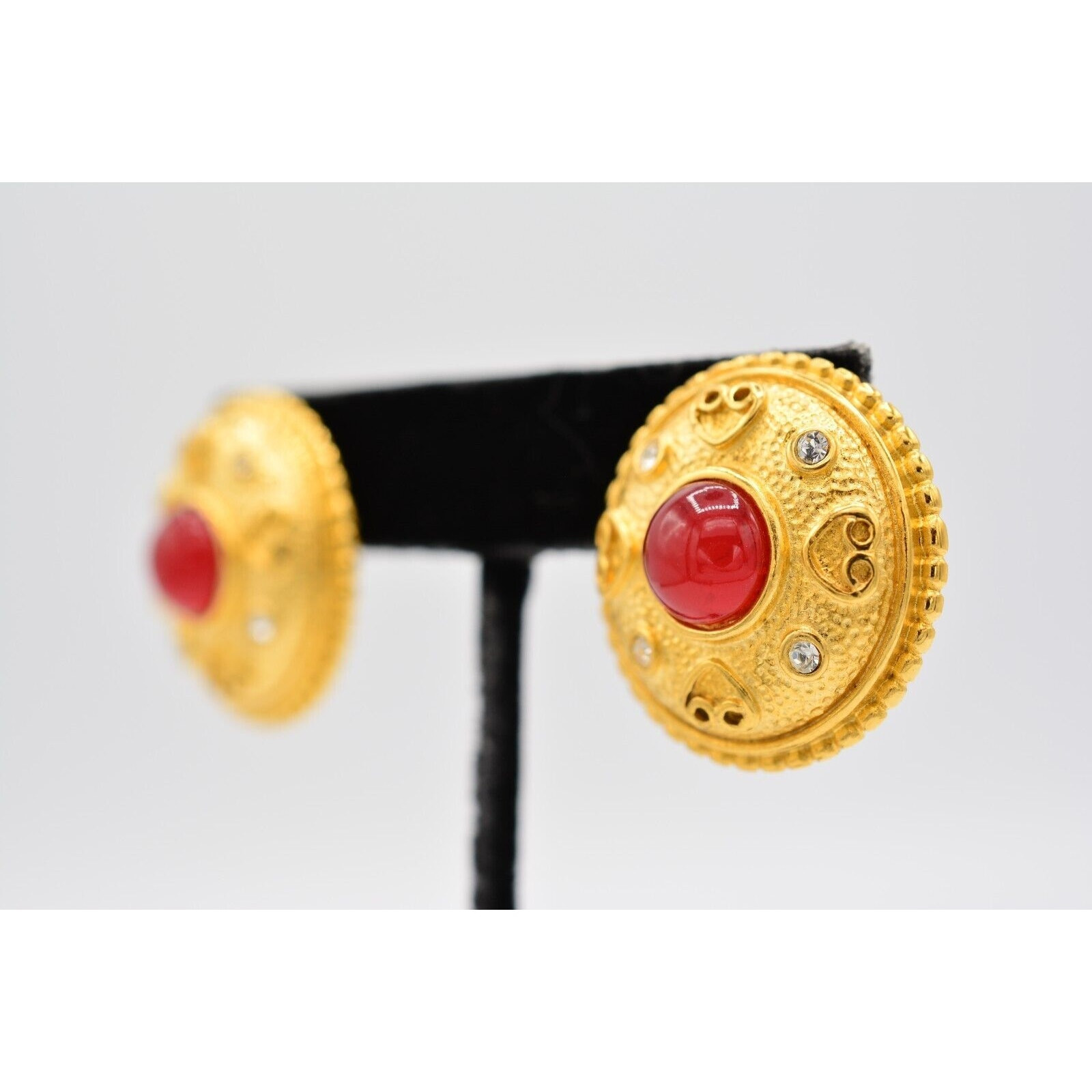 Vintage Chunky Cabochon Post Earrings Brushed Gold Red Crystal NOS 1980s BinA8