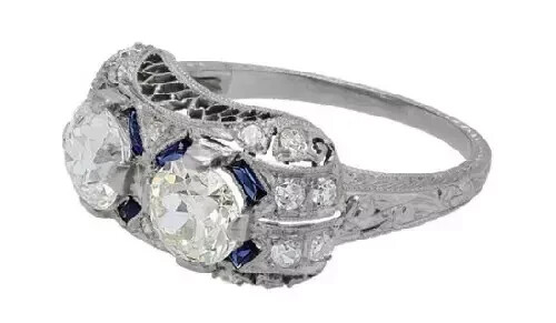 Art Deco Style Lab Created Diamond & Sapphire Wedding Ring 14k White Gold Finish