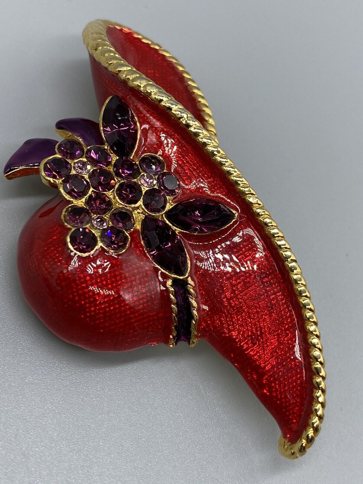 Vintage Lady Hat Red Enamel Floral Ribbon Purple Rhinestone Gold Tone Brooch Pin