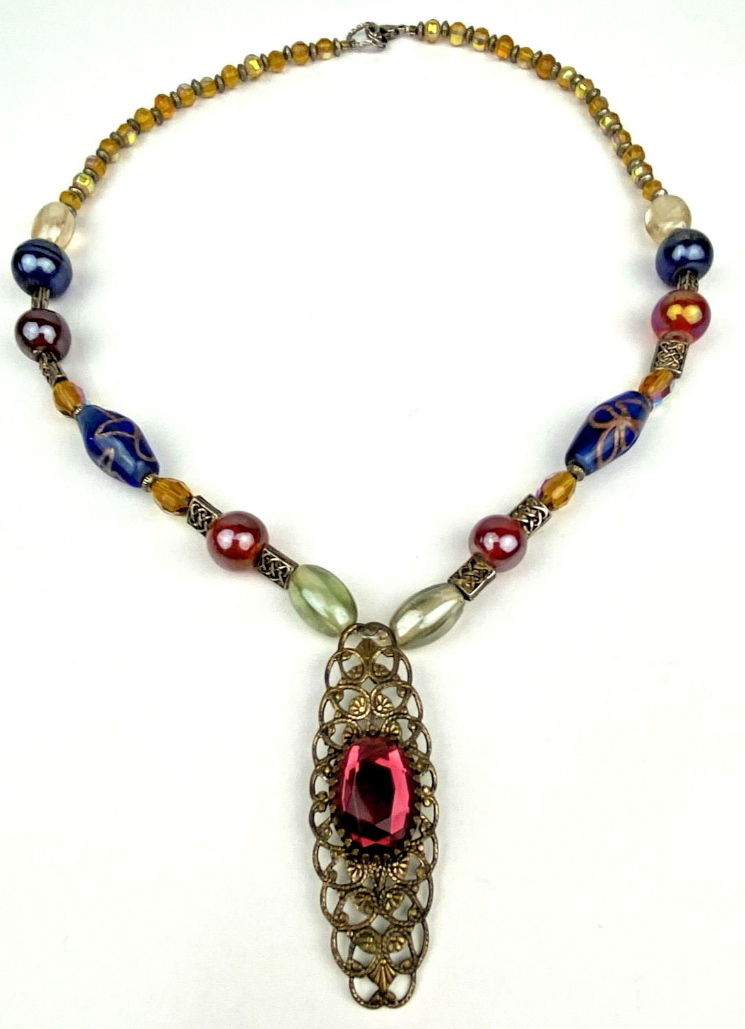 VTG Iridescent AB Carnival Glass Necklace Art Beaded Red Gold Filigree Blue EUC