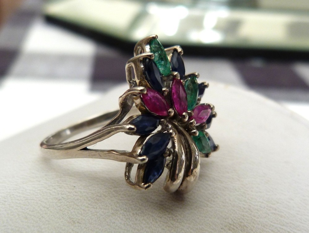 DESIGNER SIGNED EMERALD SAPPHIRE RUBY GEMSTONES STERLING SILVER RING SIZE 9