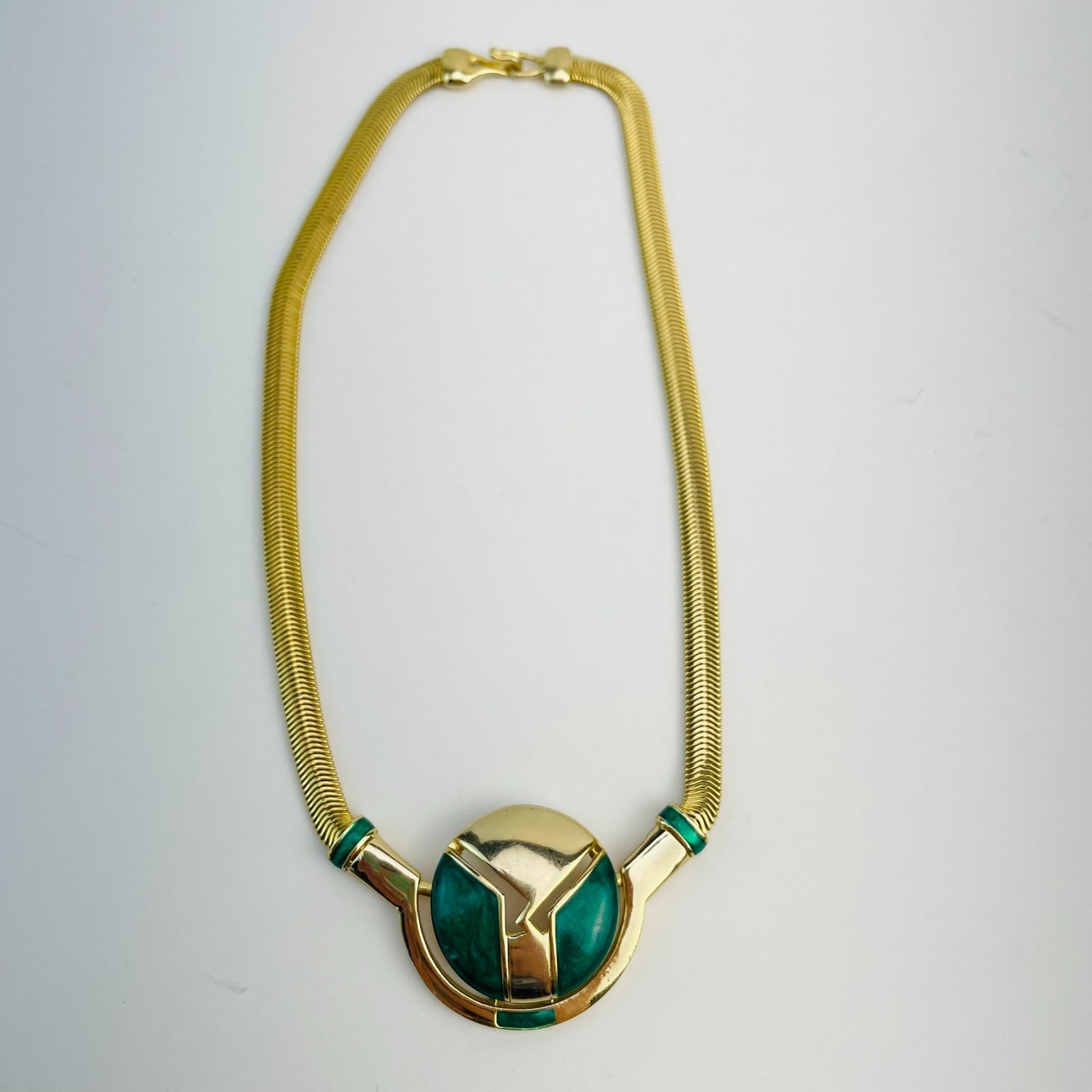 Vintage Orena Paris Choker Necklace Gold Tone Green Enamel Modernist Collar