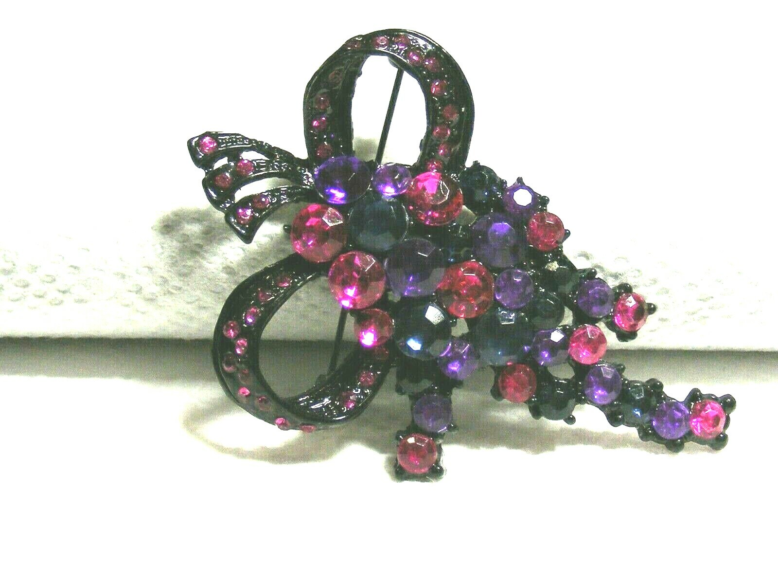 Vtg. Black Metal Pink, Purple And Blue Rhinestone Brooch
