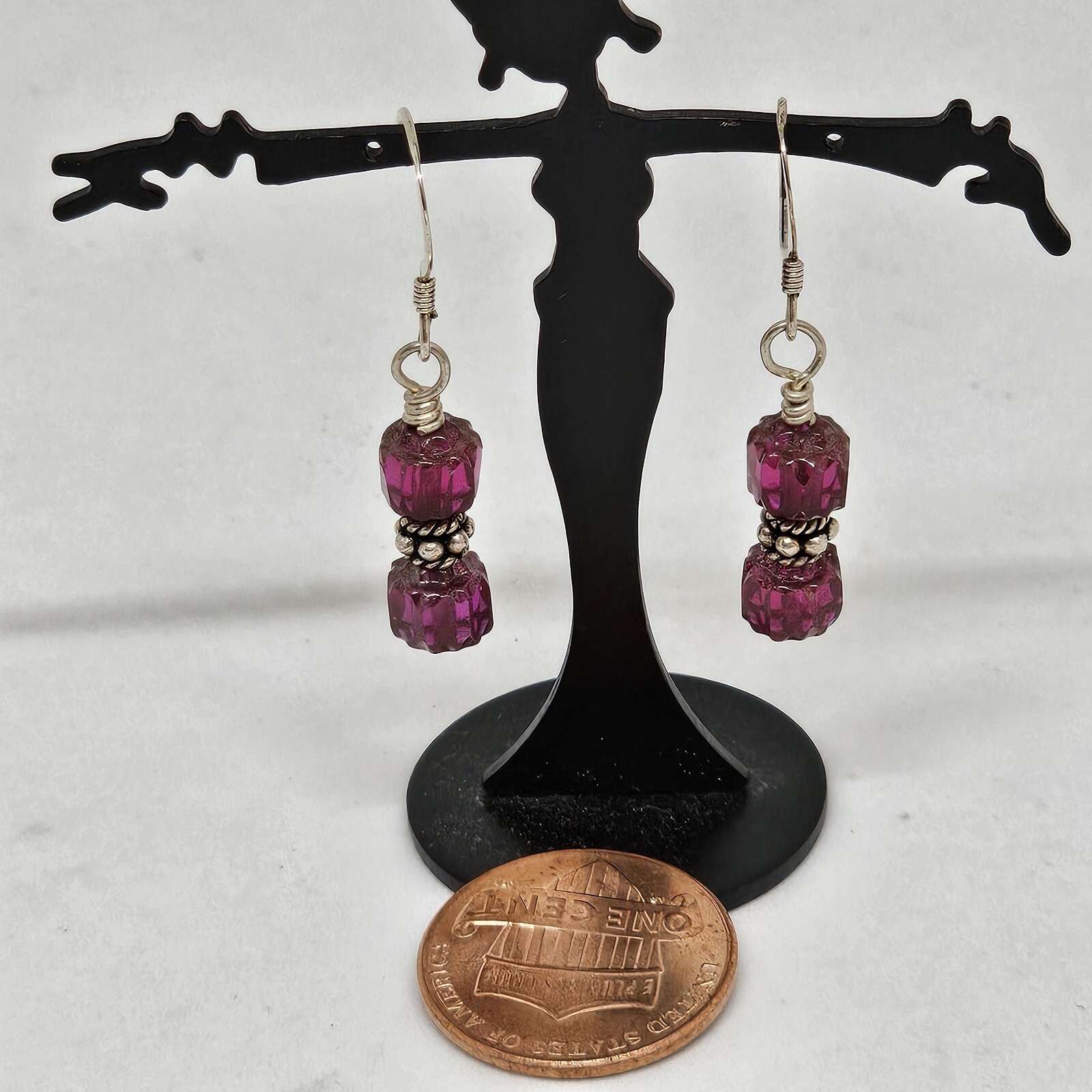 925 Sterling Silver – Fuchsia Red Glass Crystal Bead Drop Dangle Earrings