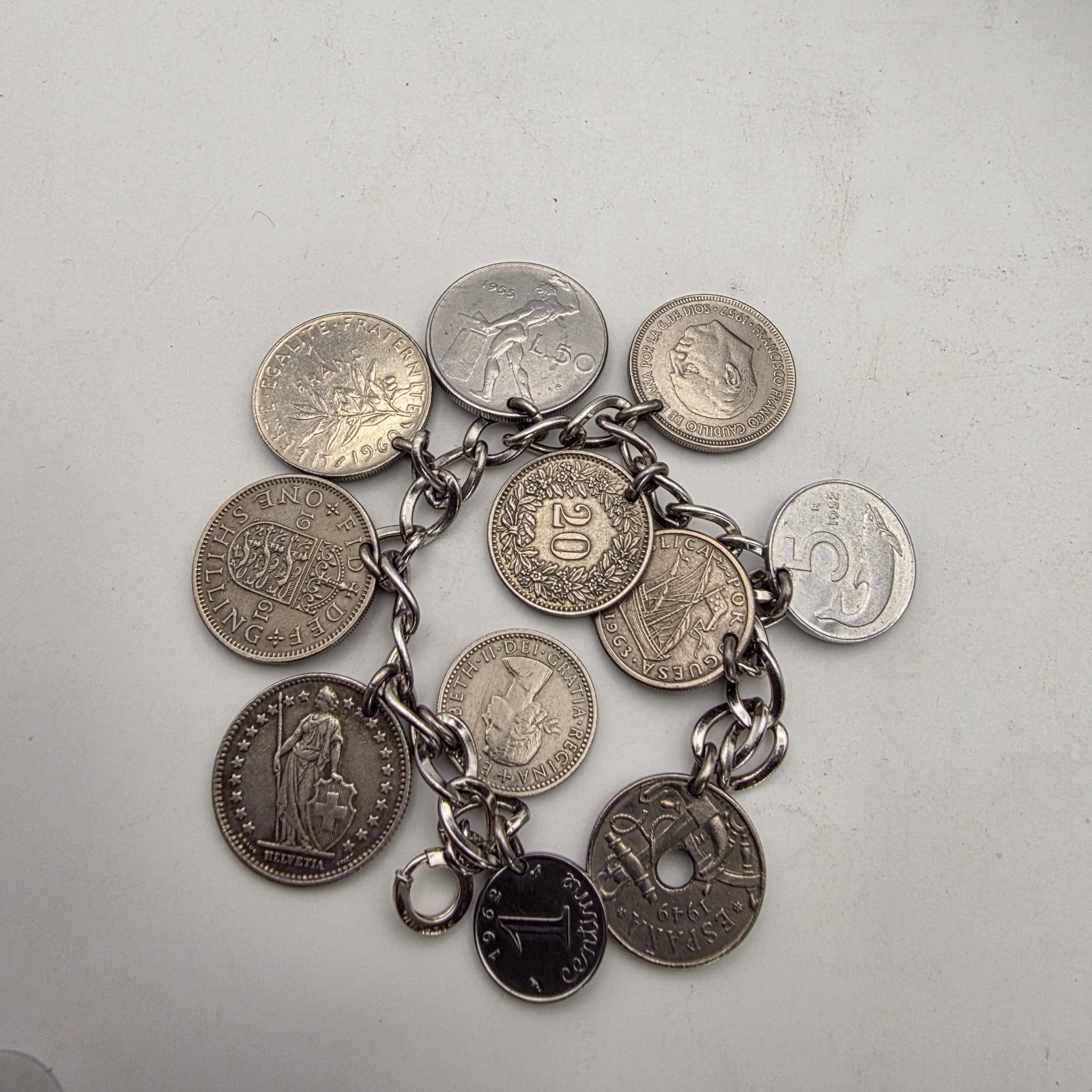 LeStage Sterling Silver Coin Charm Bracelet 58g Mid Century Estate Jewelry Euro