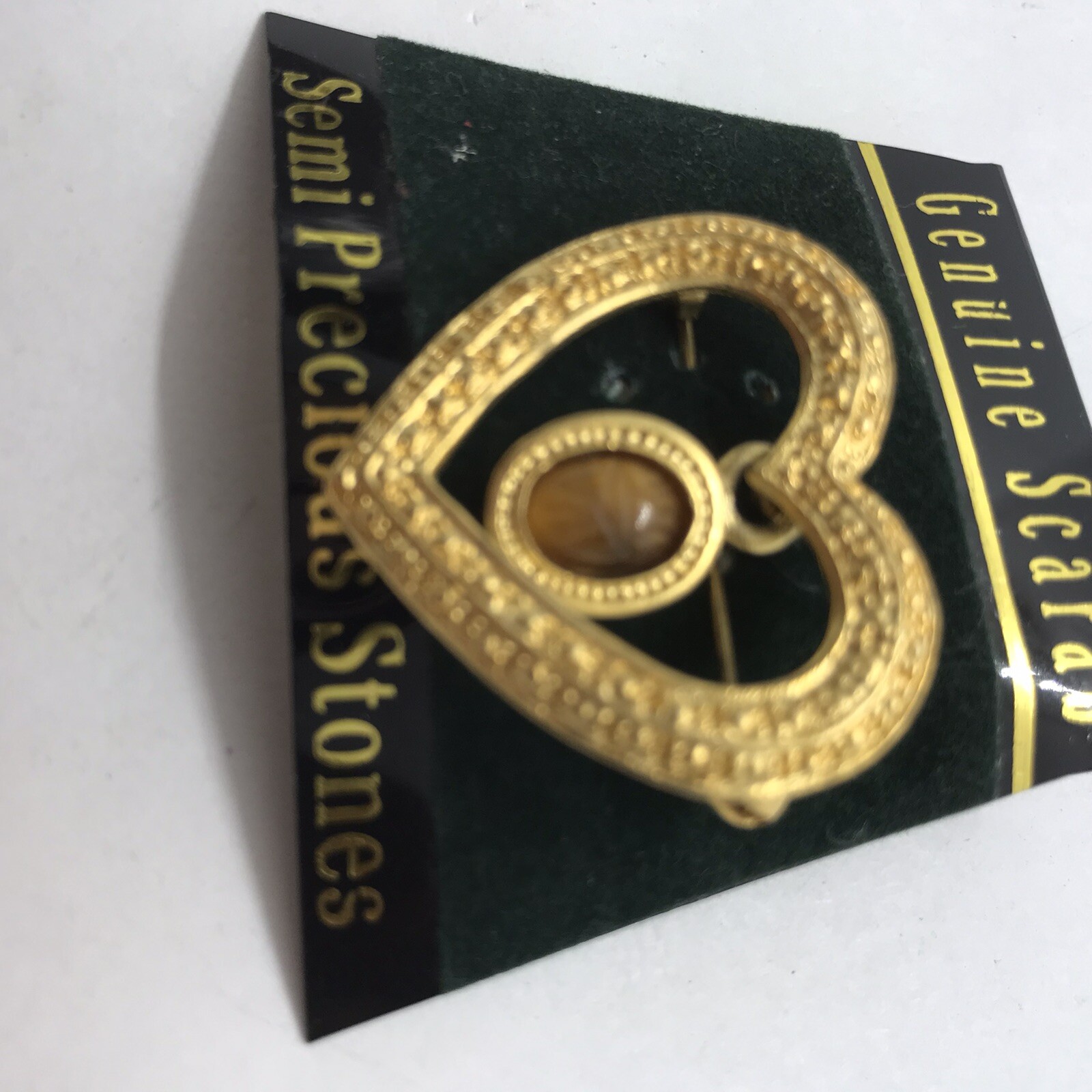 Vintage Heart Pin Brooch 90s Genuine Carved Scarab Semi Precious Stone