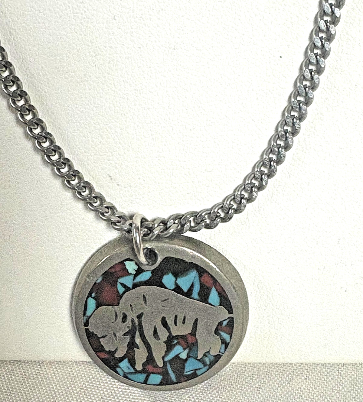 Vintage Pendant Necklace Buffalo Turquoise & Red Coral Silver Tone Chip Inlay