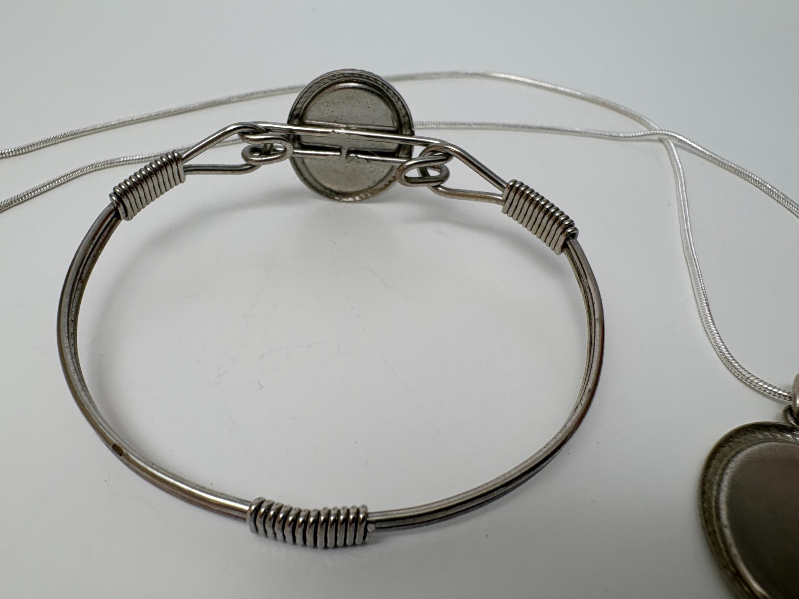 VTG MOP Abalone Mountain Scene Hinged Bracelet & Pendant w/ .925 Silver Necklace