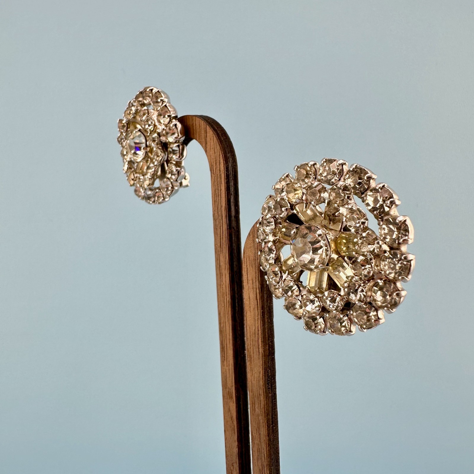 Vintage Rhinestone Earrings Silver Tone Round Cluster Baguette Prong Set Clip On