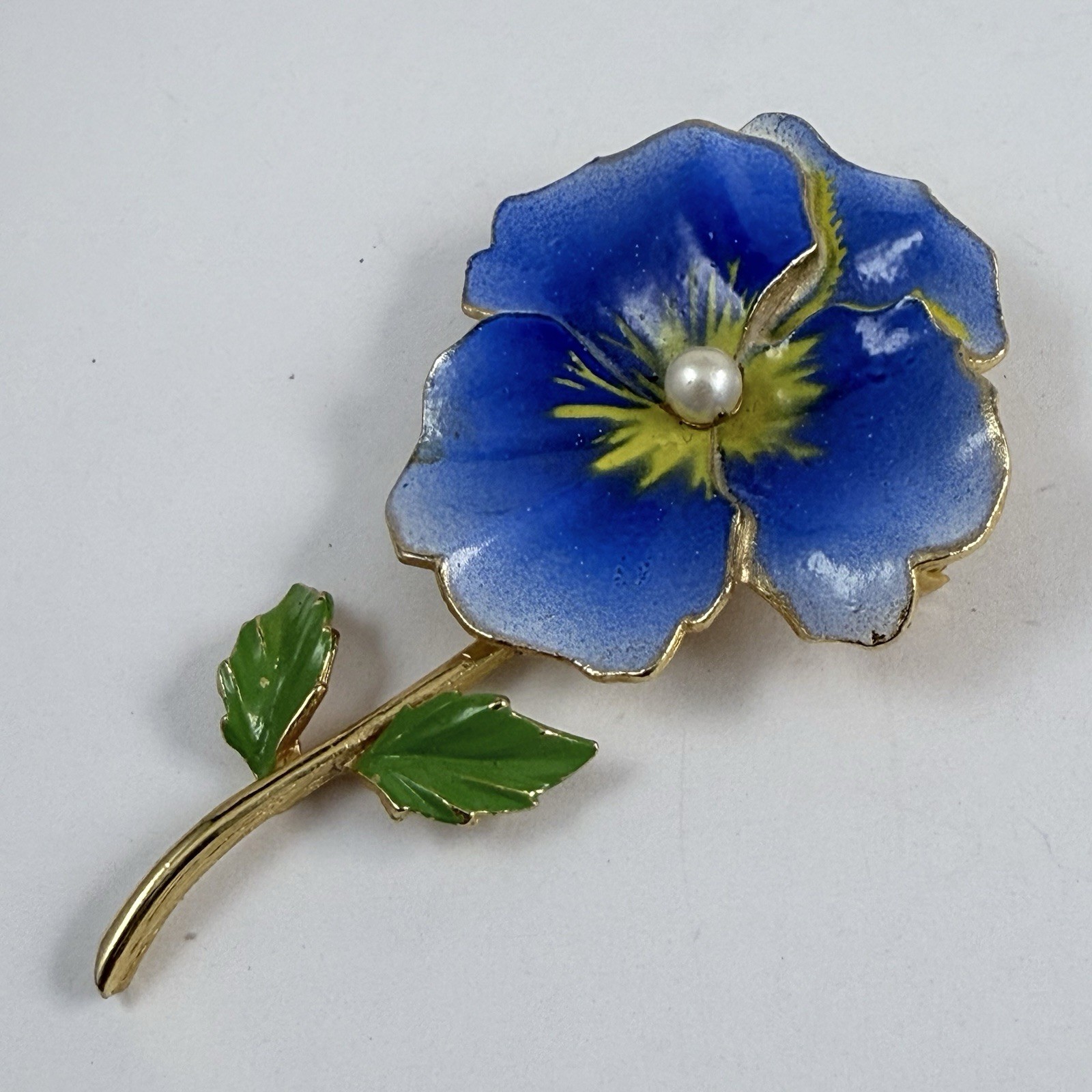 Vintage Blue & Yellow Enameled Faux Pearl Pansy Flower Brooch Gold Tone