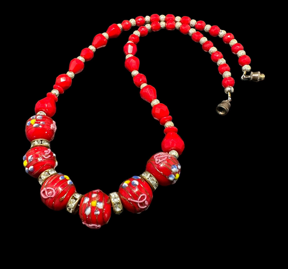 Vintage Murano Italy RED WEDDING CAKE Venetian Art Glass Bead Necklace 17.5 in