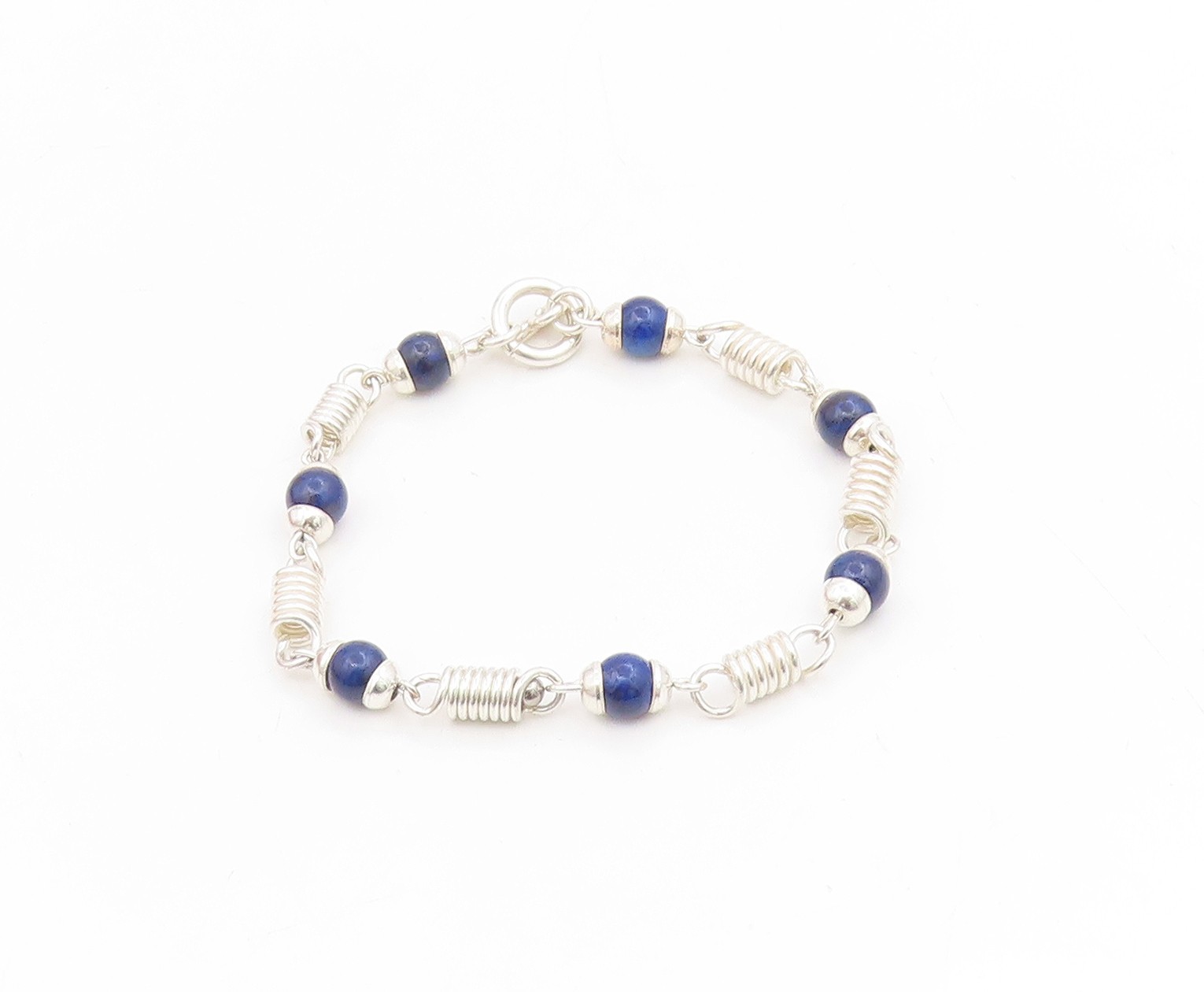 925 Sterling Silver Vintage Bracelet Lapis Lazuli Bead Wire Wrapped Link BT11746