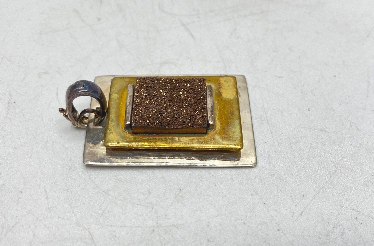 PLM 925 Sterling Silver Mixed Metal Brown Druzy Jewelry Set Earrings Pendant