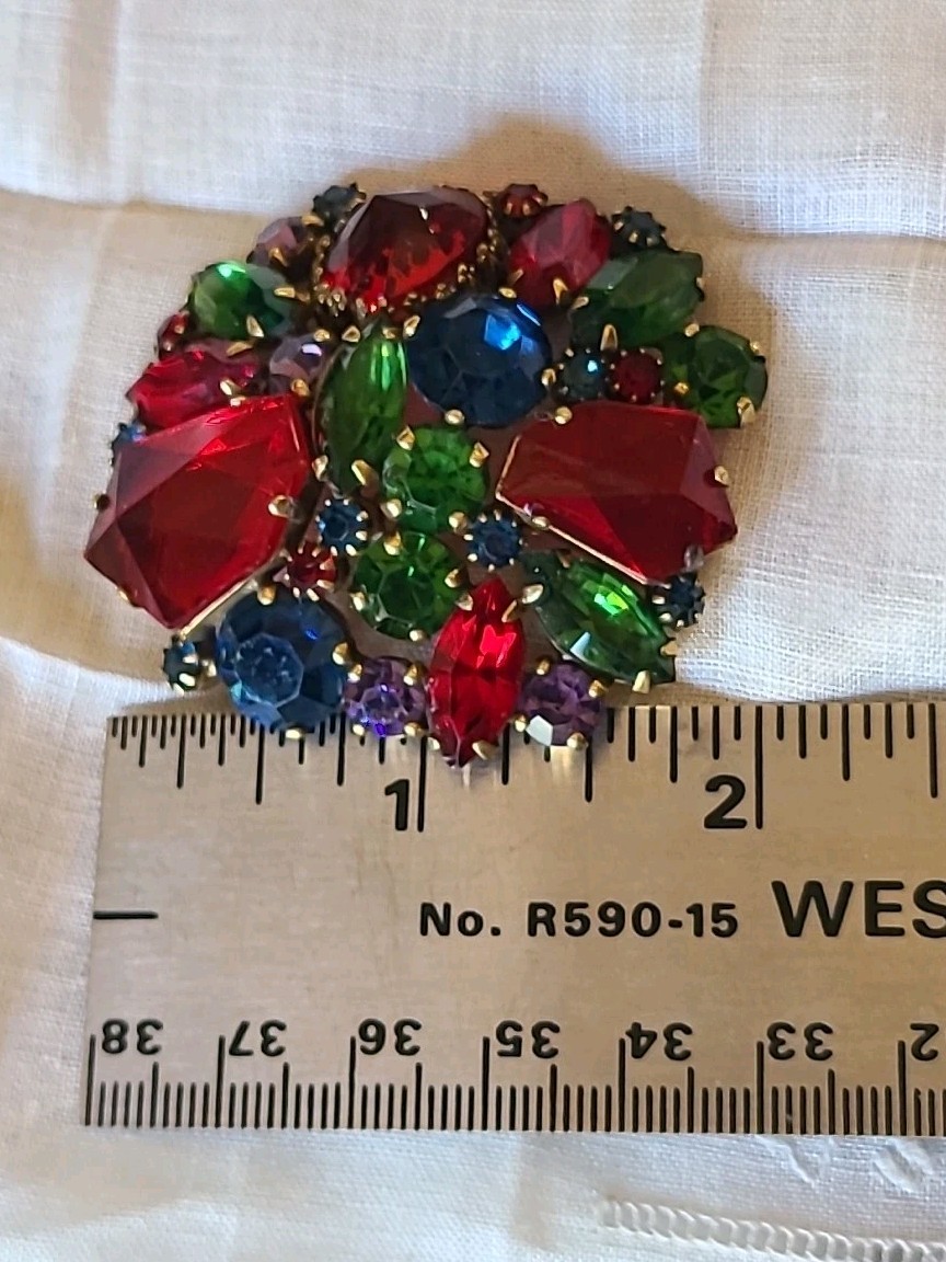 Vintage WEISS Green Red Multi Rhinestones Gold Tone Brooch Signed Estate Costume