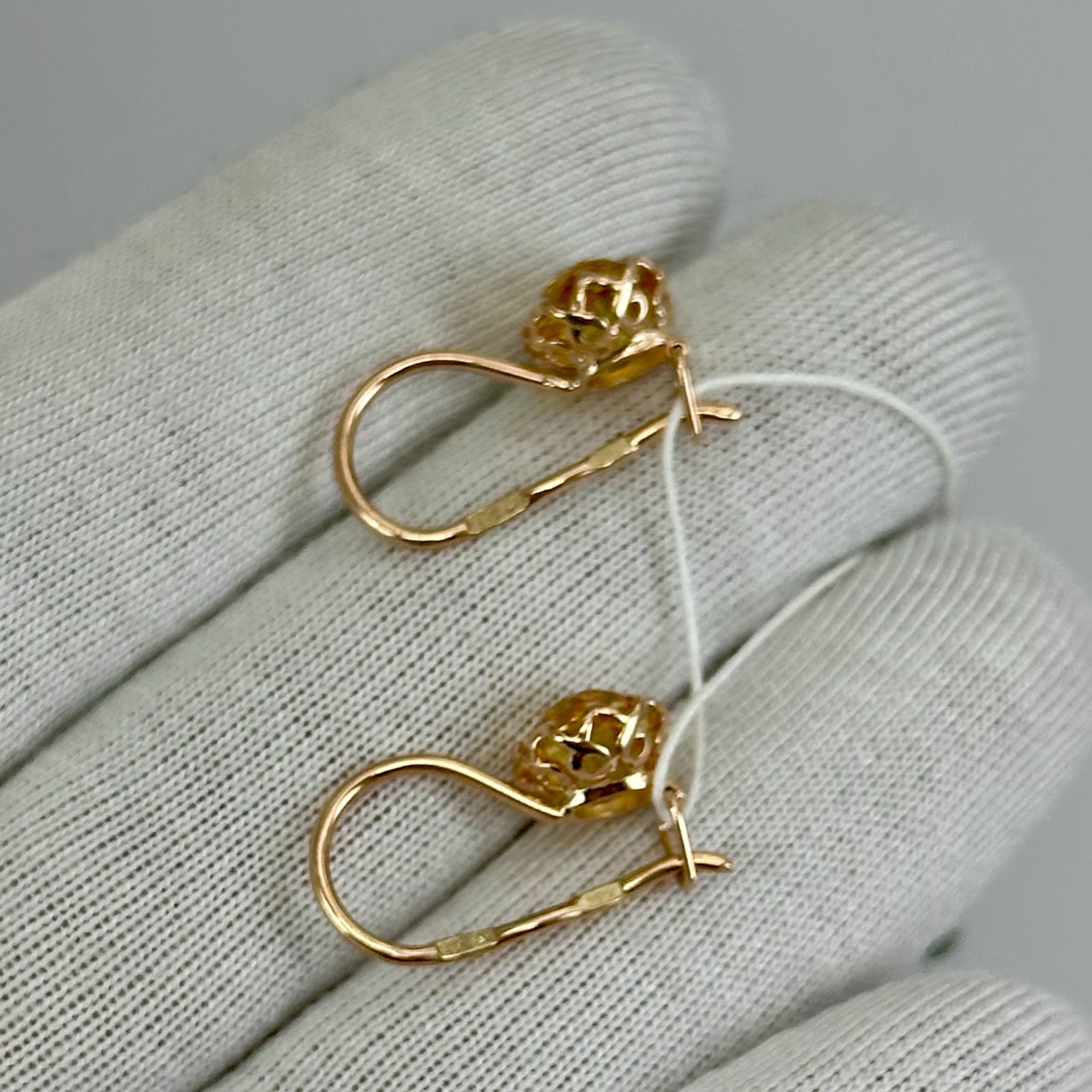 USSR Vintage Original Rose Gold Citrine (lab. made) Earrings 583 14K 2.16 g.