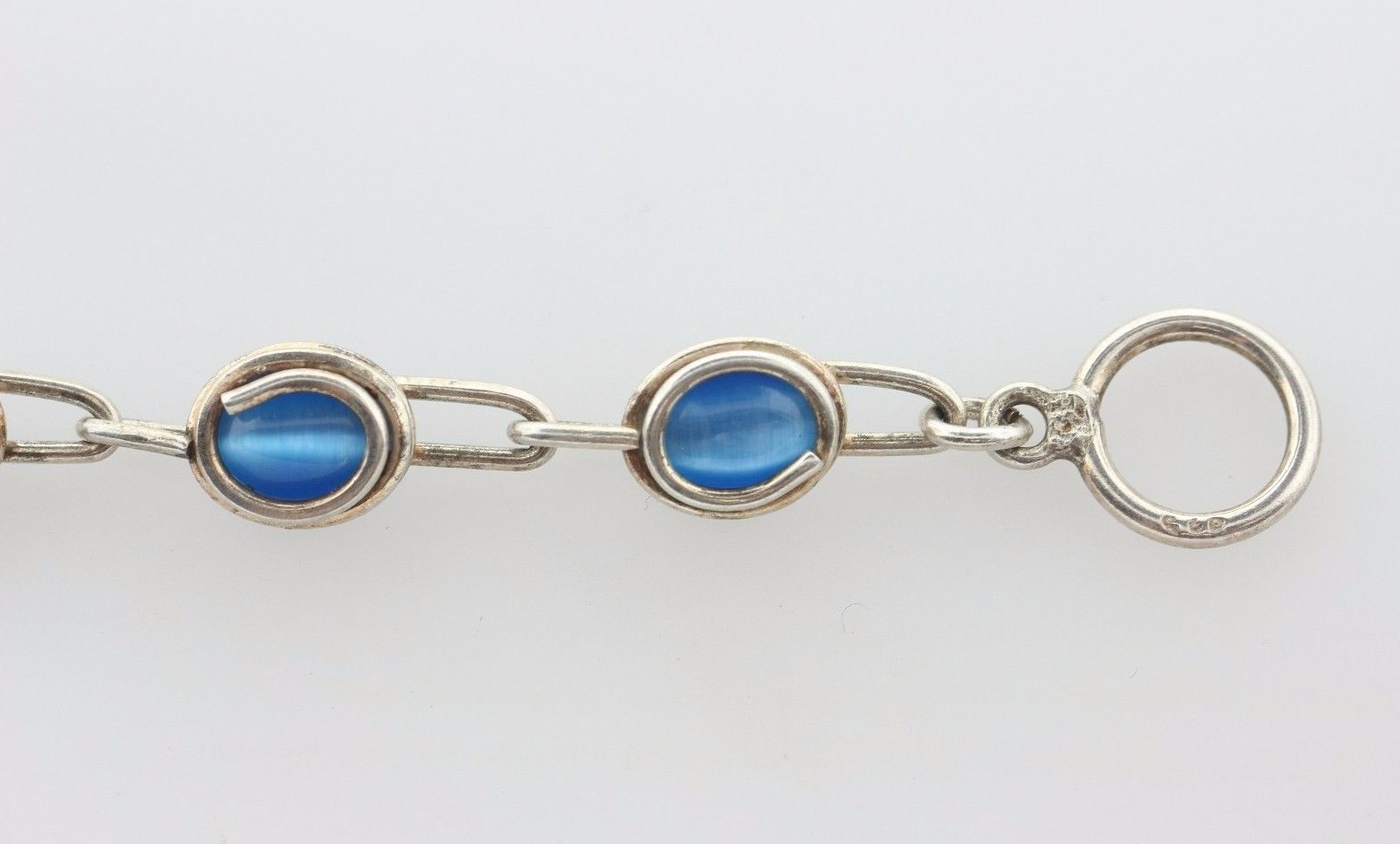 Sterling Silver 925 Wire Wrapped Oval Blue Tiger Eye Link Toggle Bracelet – 6.5″