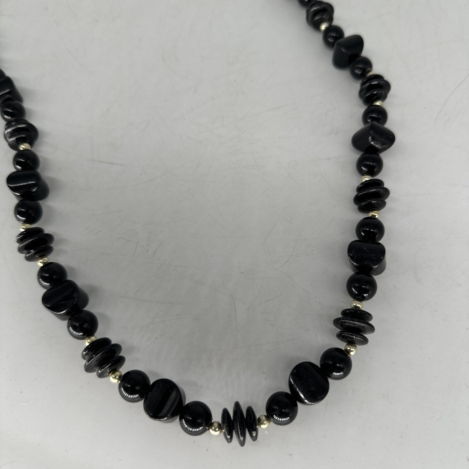 Vintage black irregular plastic bead with silver tone spacers 28″ necklace
