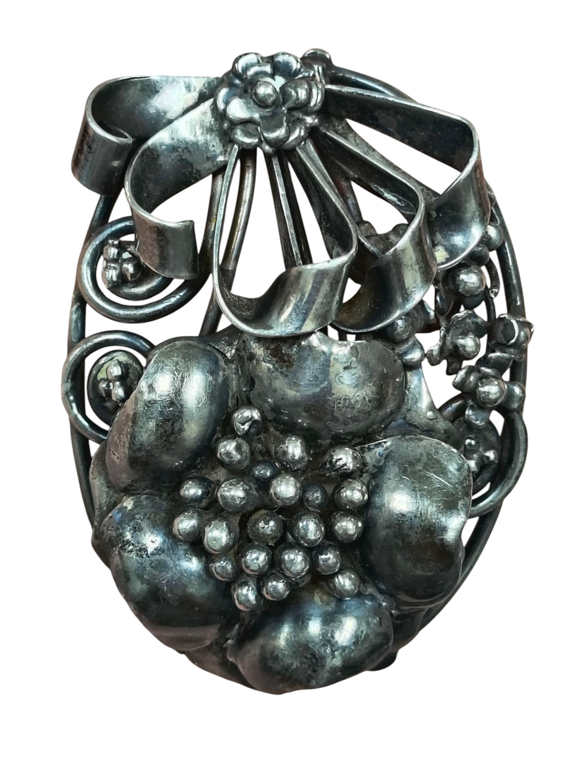1940’s S Design Hobe Sterling Silver Floral Swirl Stem Bouquet Oval Pin Brooch