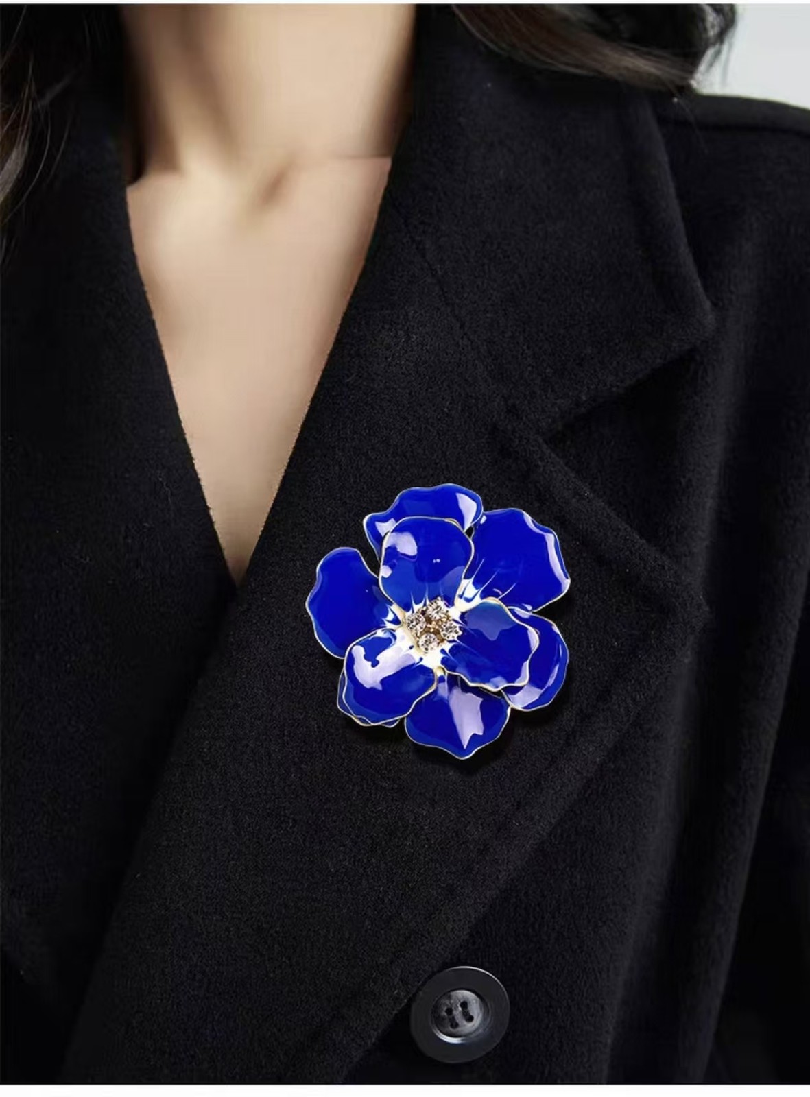 Poppy Flower Blue Enamel Brooch Pin Gold Tone Crystal Rhinestone Jewelry