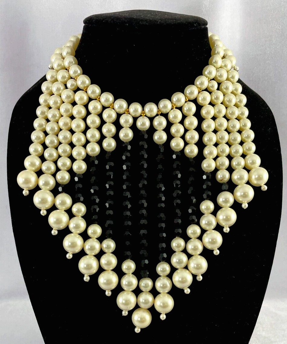 Vtg MARVELLA Fringe Bib Collar Faux Pearl Black Faceted Crystal Choker Necklace