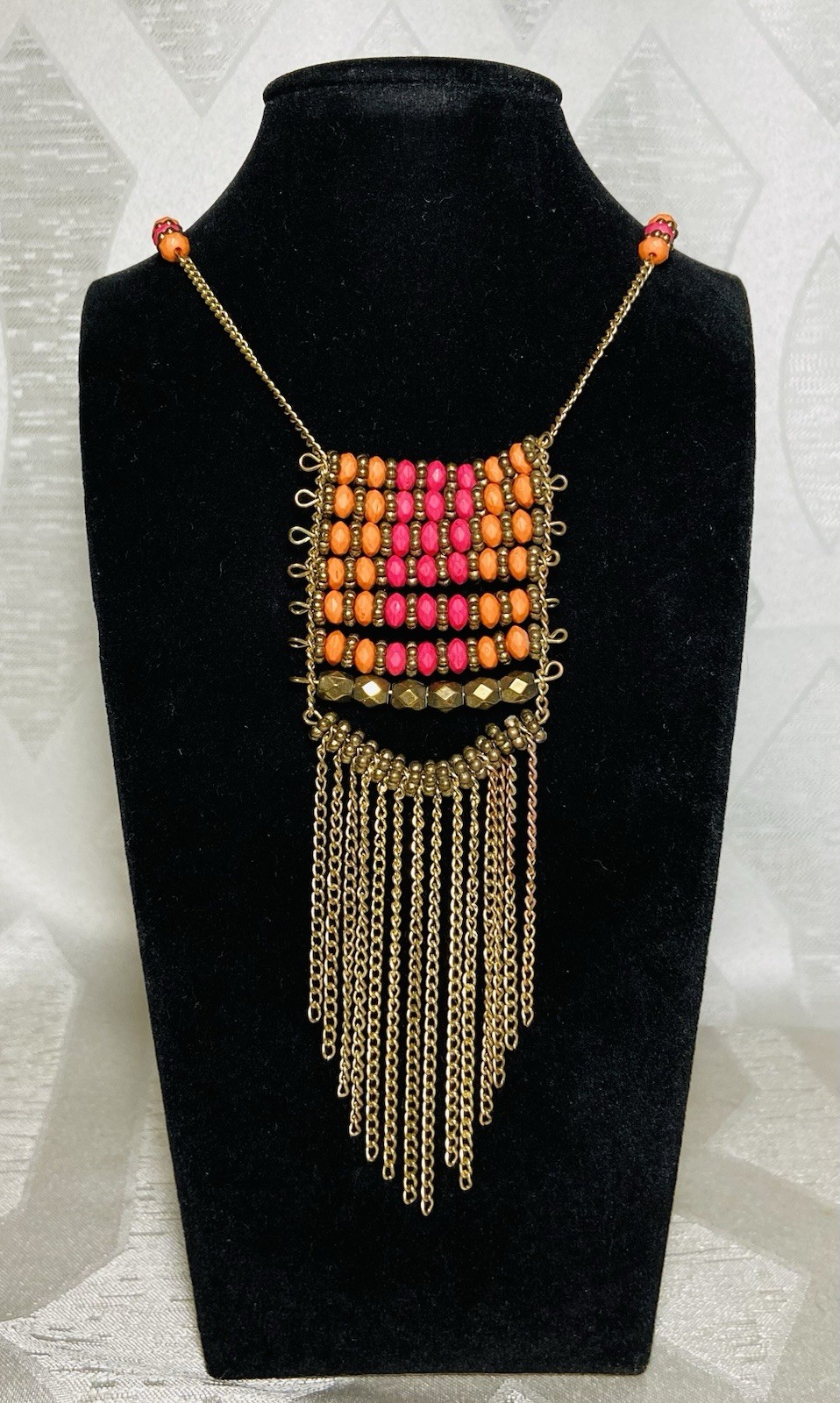 Vintage Boho Fringe Necklace Long Beaded Statement Pink Orange Brass Tone 42”