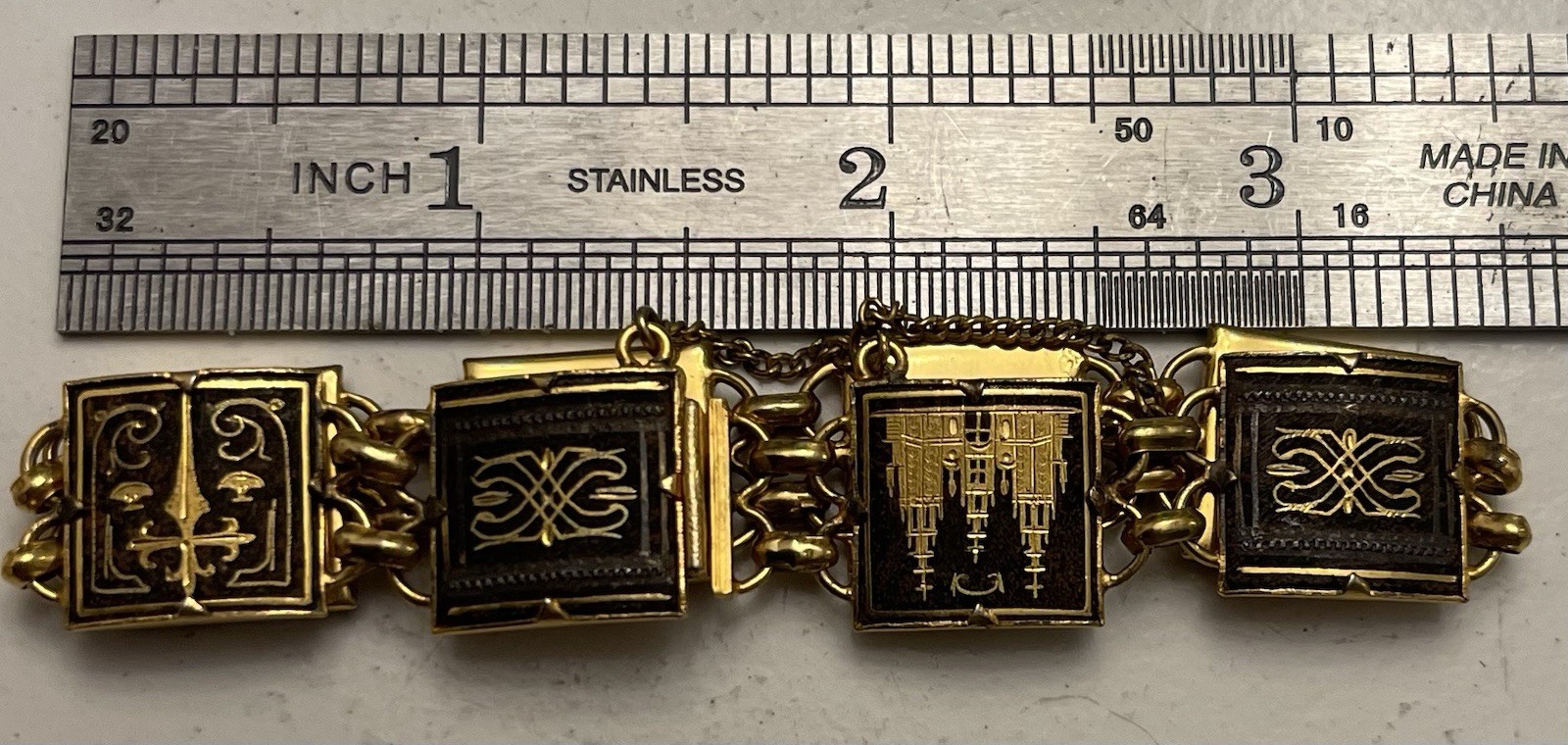 Vtg Damascene Toledo Spain Buildings Horse Solider Link Bracelet Gold Plated 7”