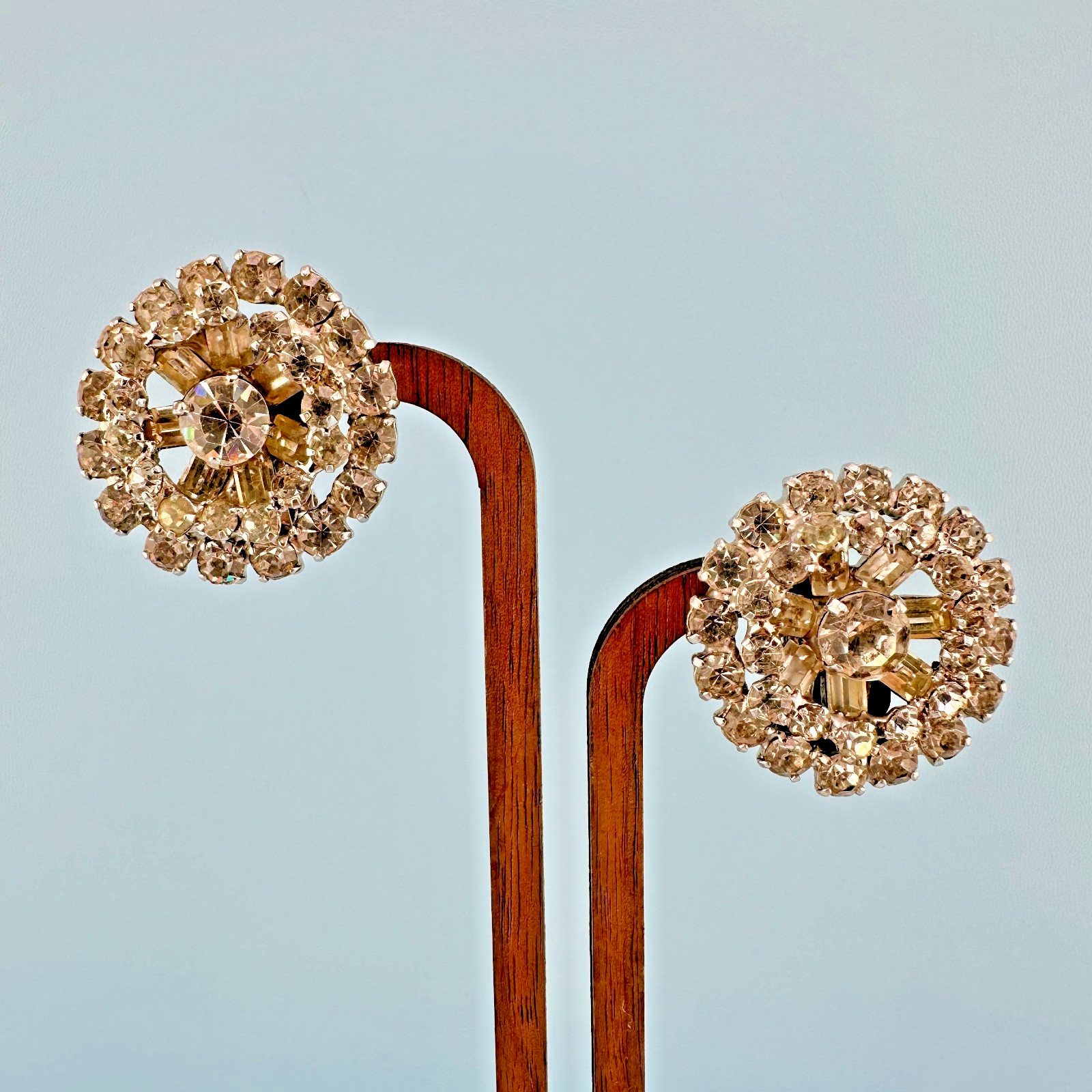 Vintage Rhinestone Earrings Silver Tone Round Cluster Baguette Prong Set Clip On