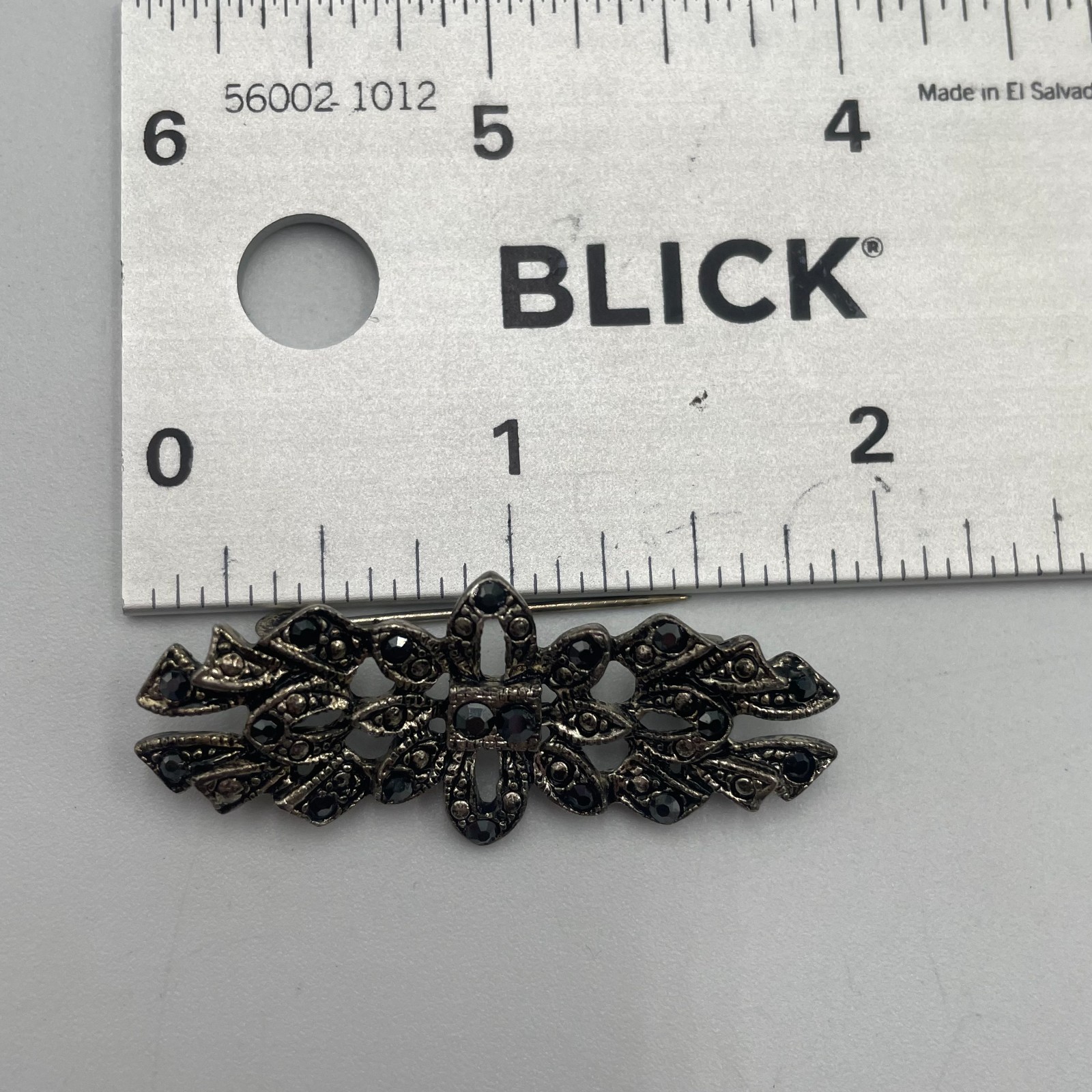Vintage Antique Style Pewter Tone Black Rhinestone Filigree Bar Brooch Pin Retro