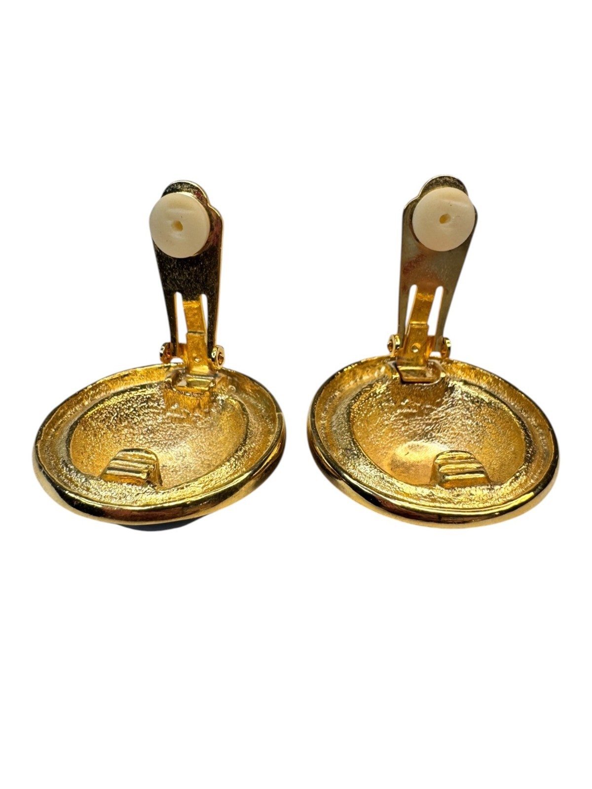 off white navy blue enamel gold tone heavy 90s clip on earrings