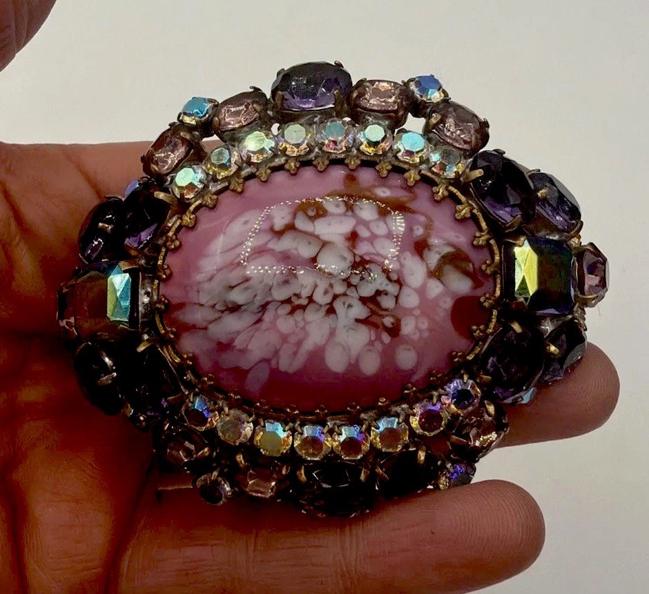 Vintage Husár D Czech Glass Rhinestone Bracelet – Pink Cabochon Statement Signed