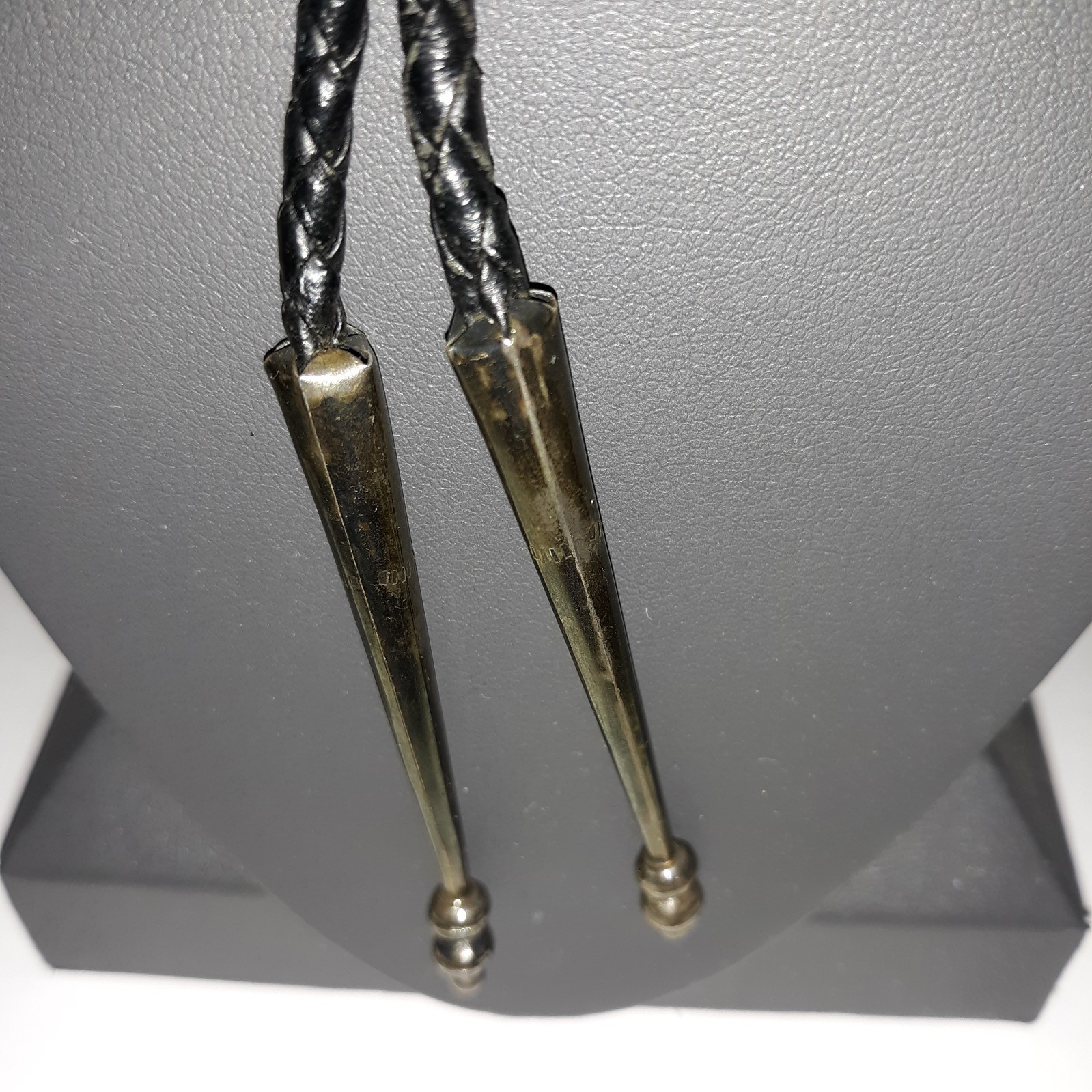 Vtg Bennett Pat Pend Bolo Tie Slide Turquoise Silver Black Leather Cord L 18″