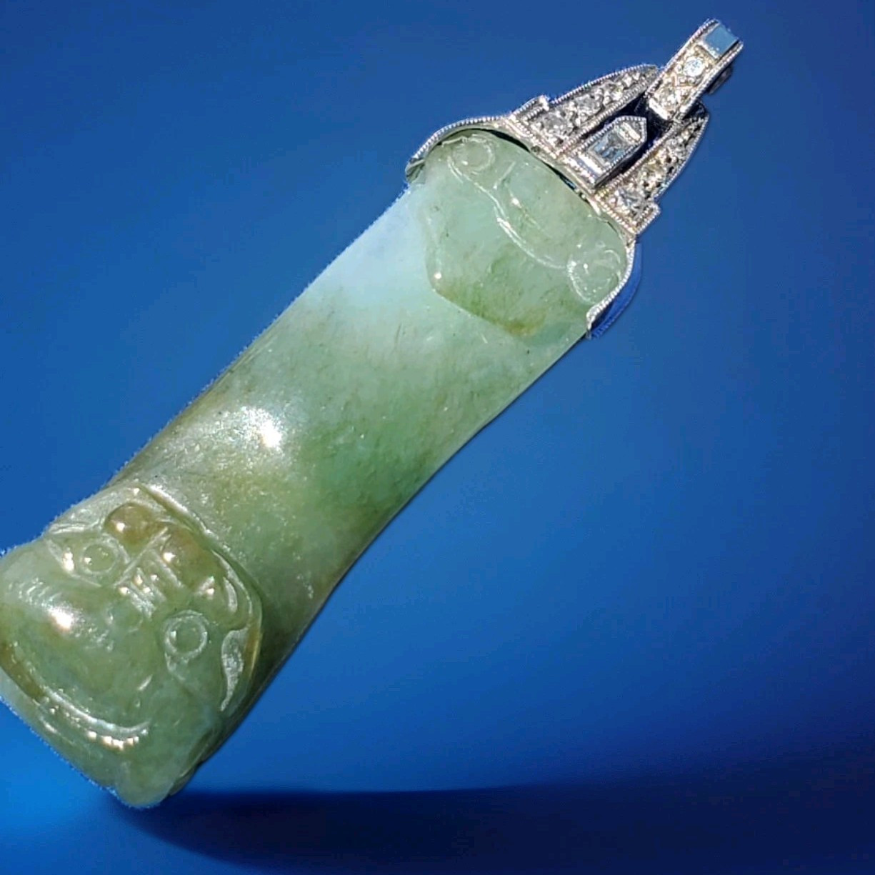 ORIGINAL Antique Green JADE DIAMOND Art Deco Pendant SOLID PLATINUM Medallion