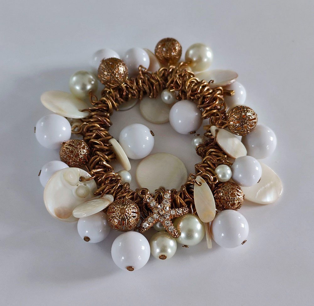 Gold Tone Statement Starfish Bracelet Nautical Pearls Beach Sea Life Chunky