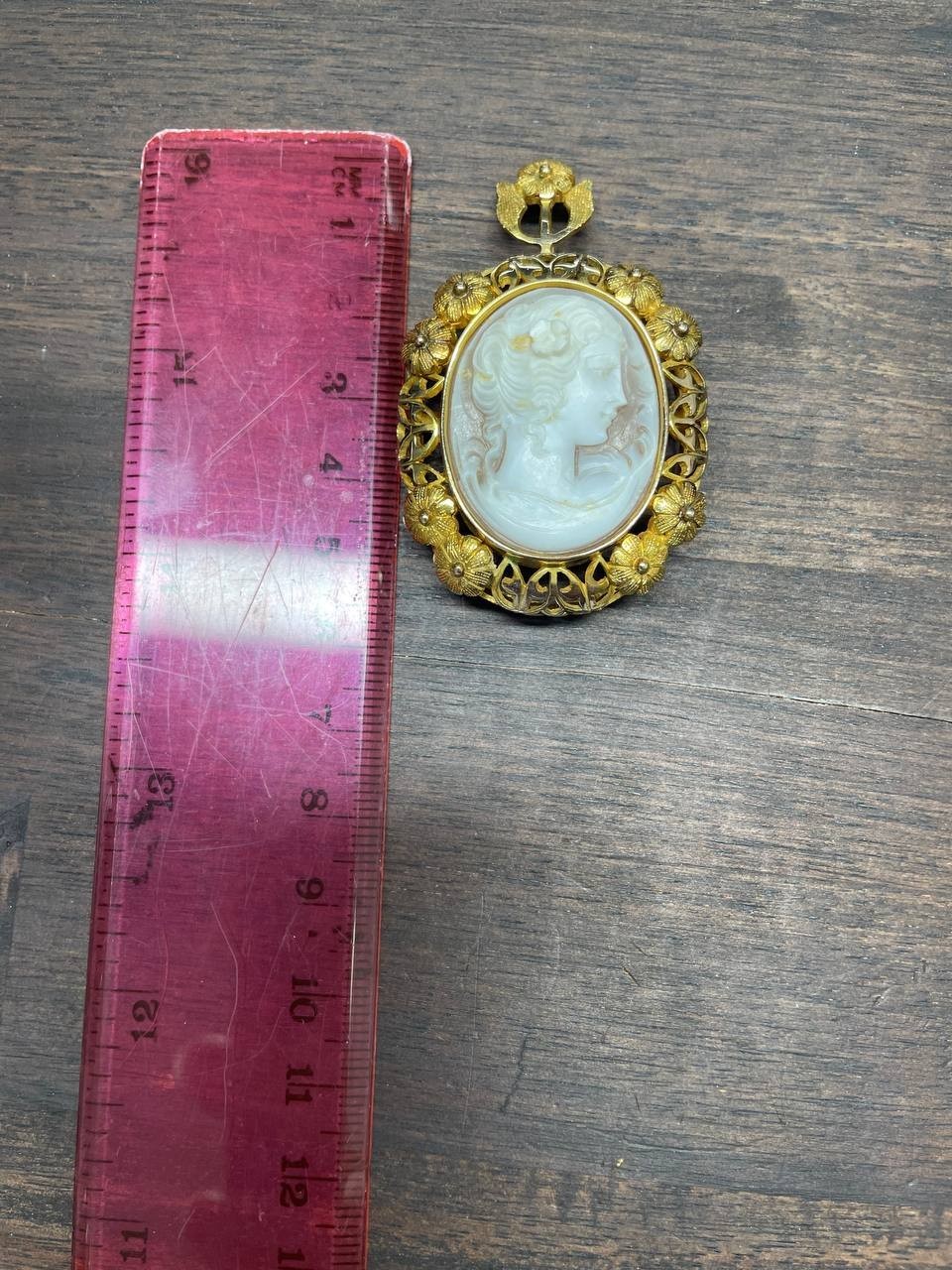 Vintage Cameo Set 14K Yellow Gold Brooch/Pendant & Carved Rose Ring 6.5 size
