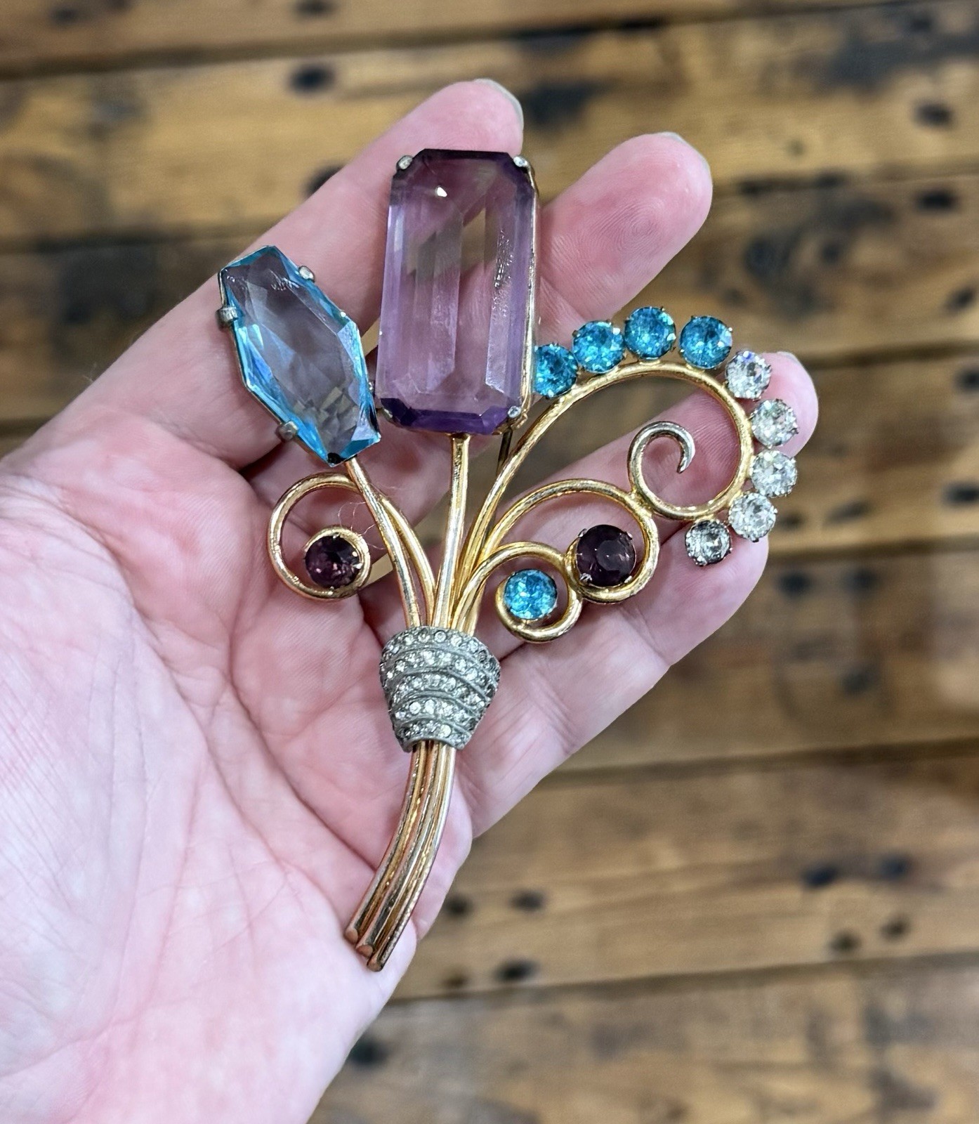 Vintage Les Glass Flower Bouquet Brooch Large Open Back Amethyst Aqua Spray HUGE