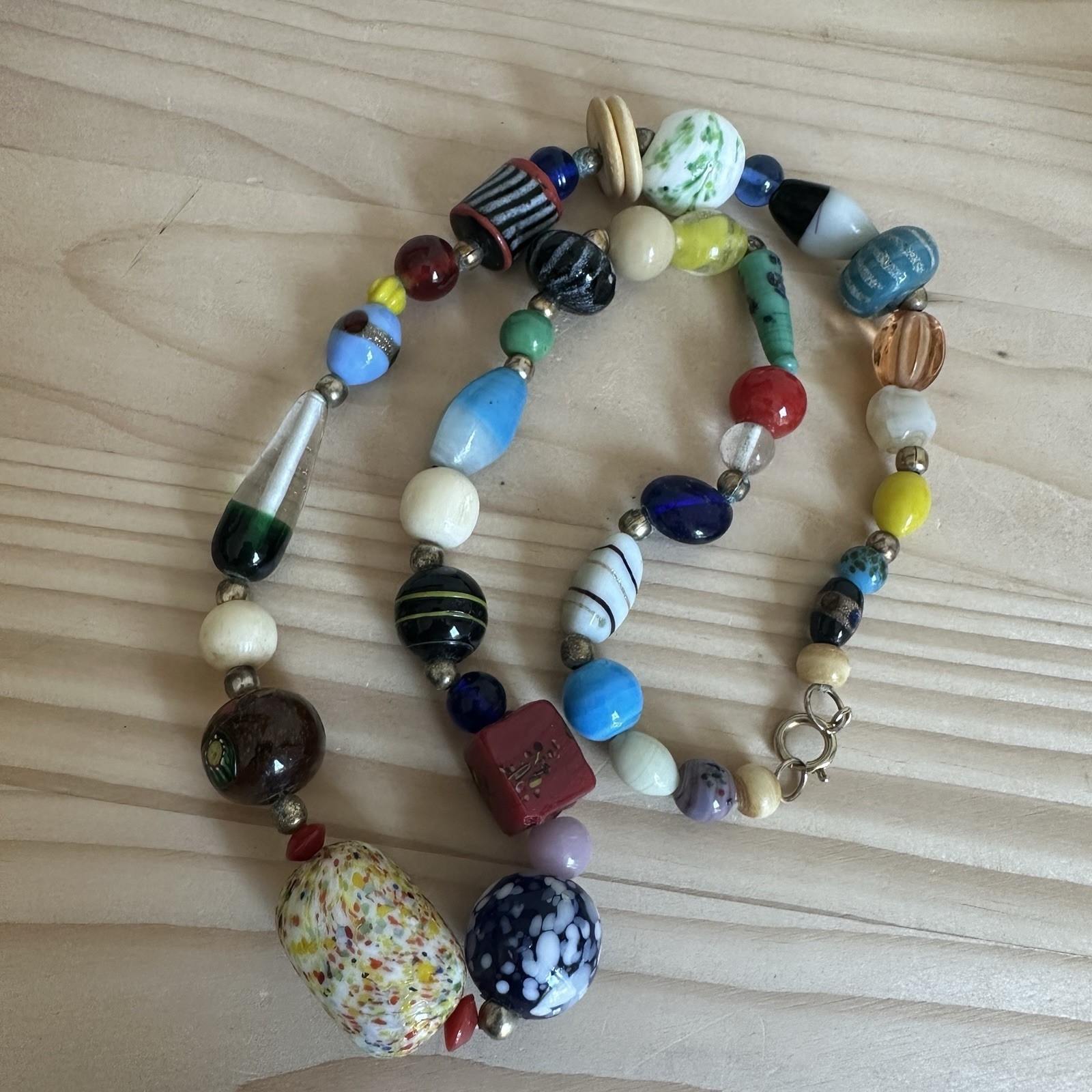 VTG Beaded Necklace 22 Inch Artisan Lamp Art Glass Multicolor Freeform Hippie