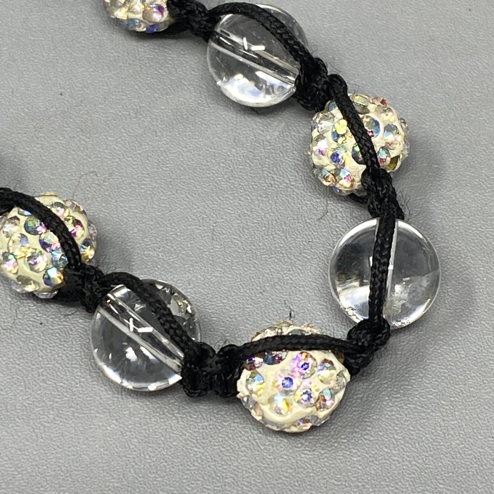 Glass Bead Bracelet Clear Druk Speckled AB Rhinestone Tension Cord Adjustable