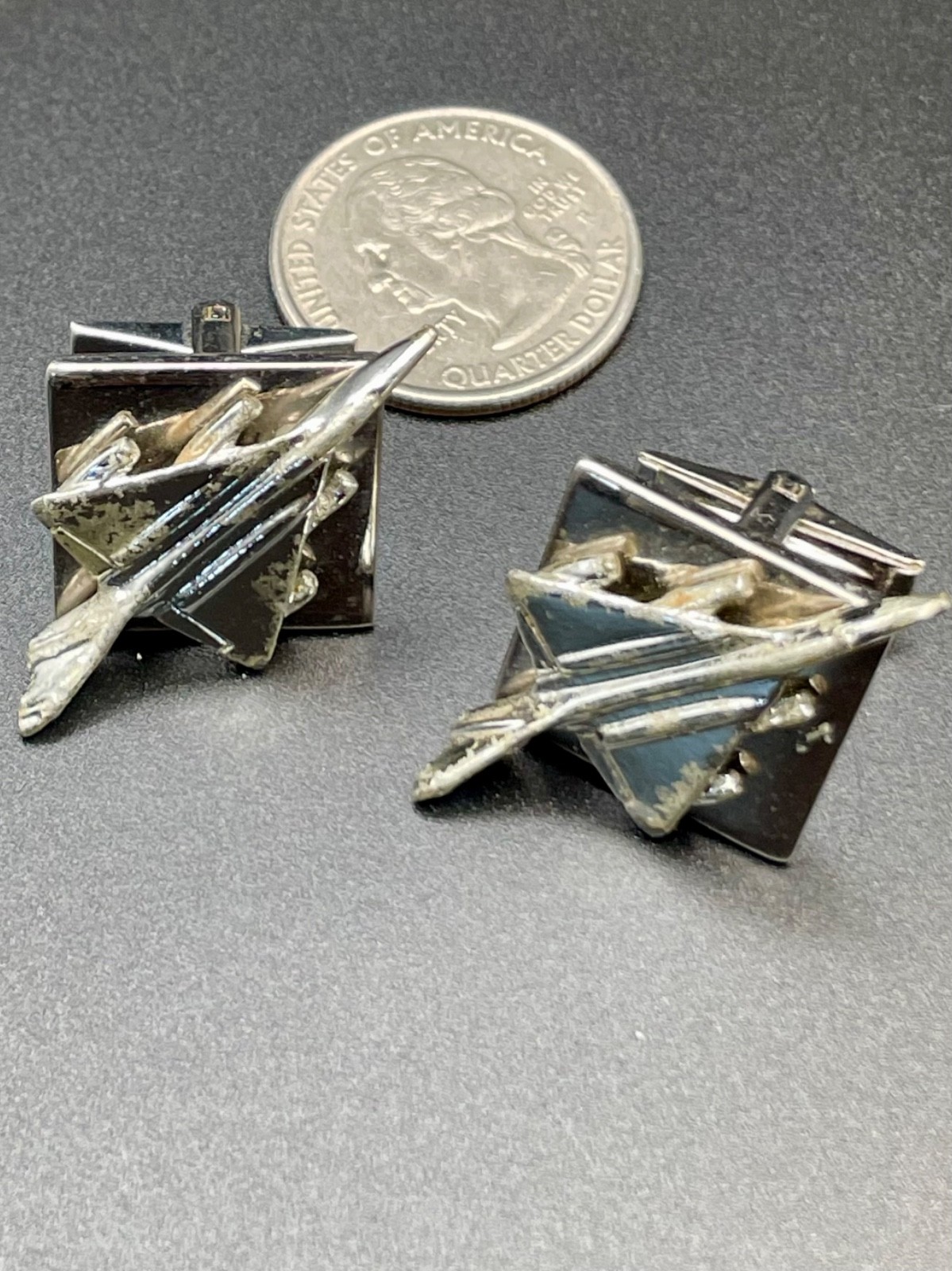 Vintage 3D Jet Fighter Airplane Silver Tone Cufflinks Aviation Novelty MCM