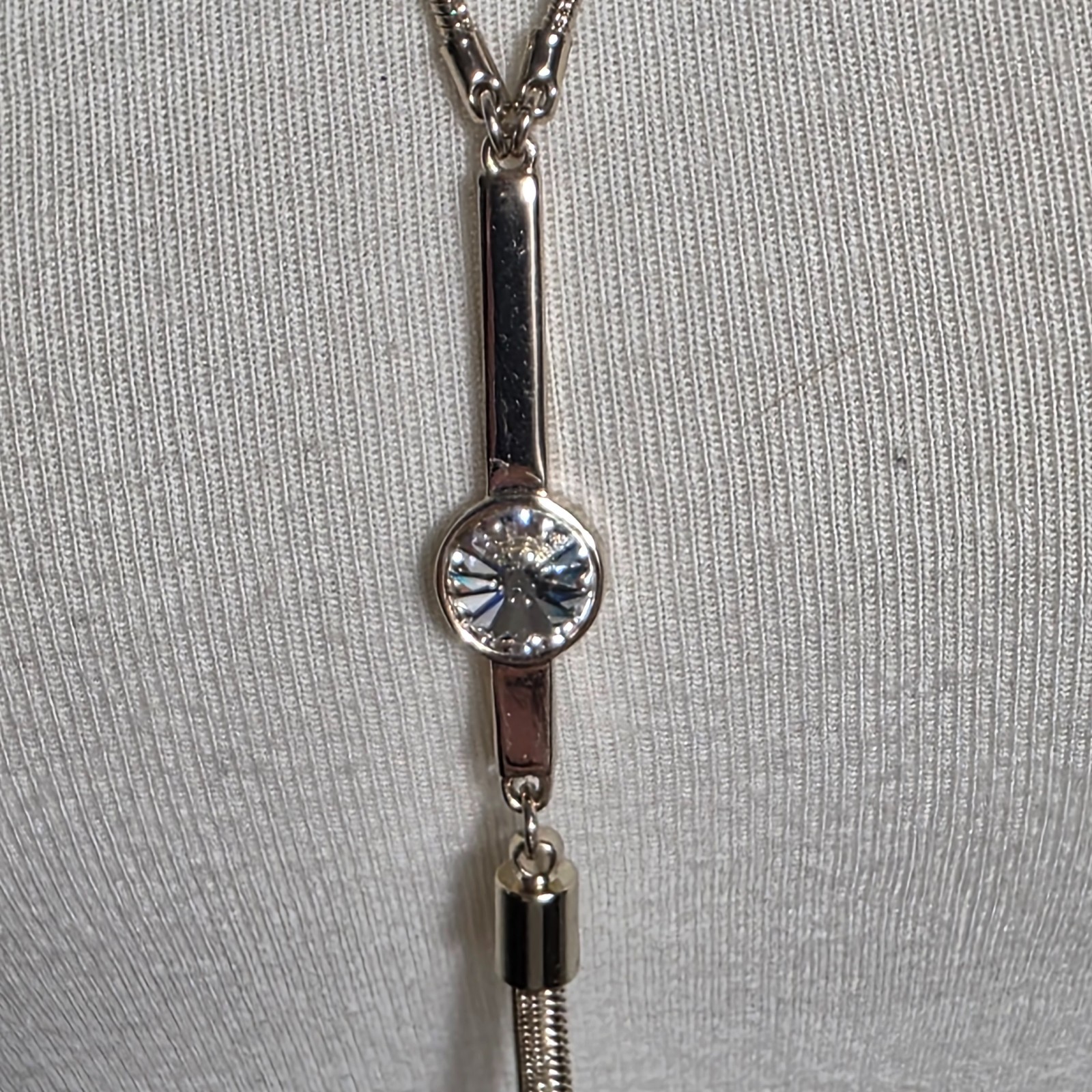 White House Black Market Lariat Necklace Silver-Tone with Faceted White Stones