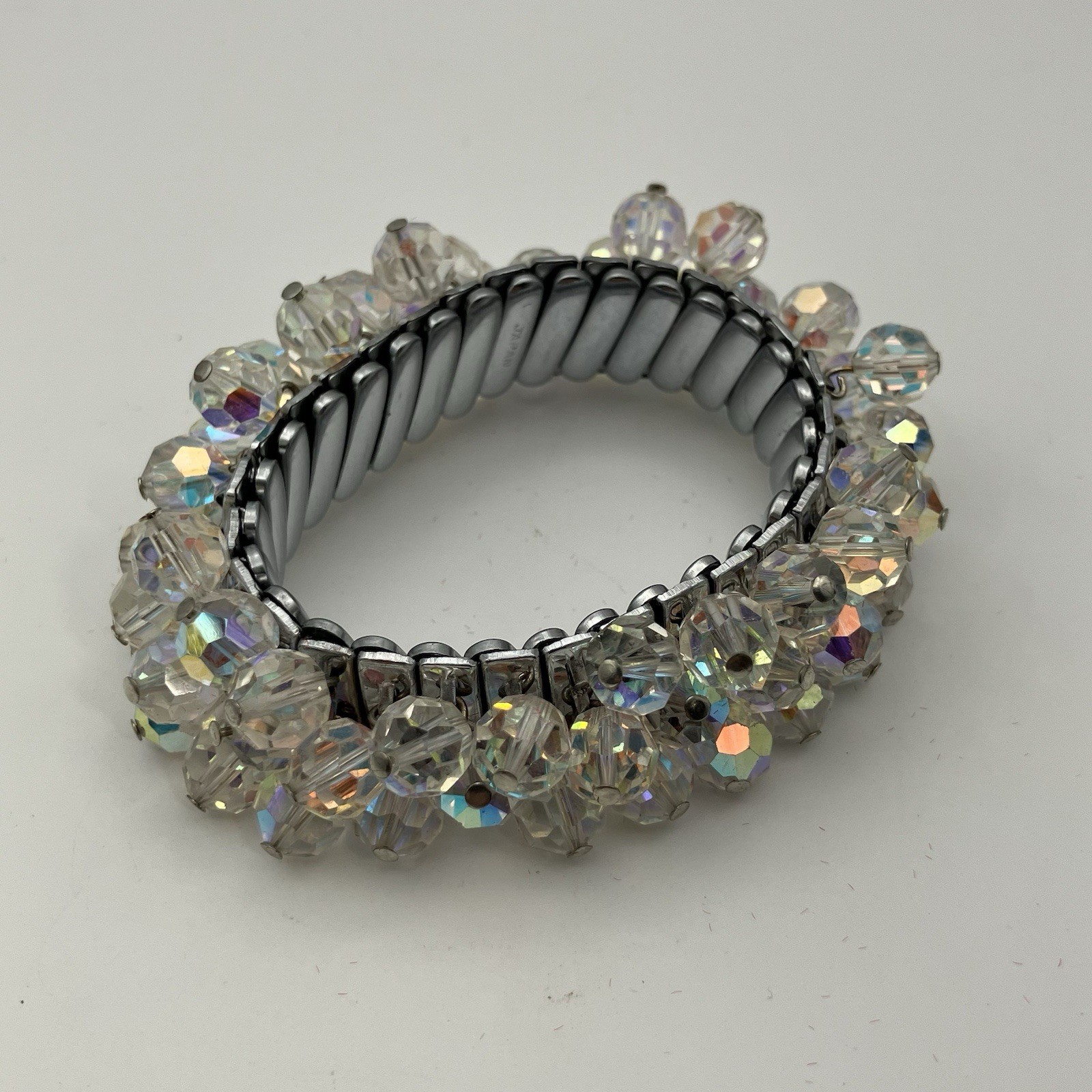 Vintage Aurora Borealis Beaded Stretch Bracelet / Expanding Band / Silver Tone
