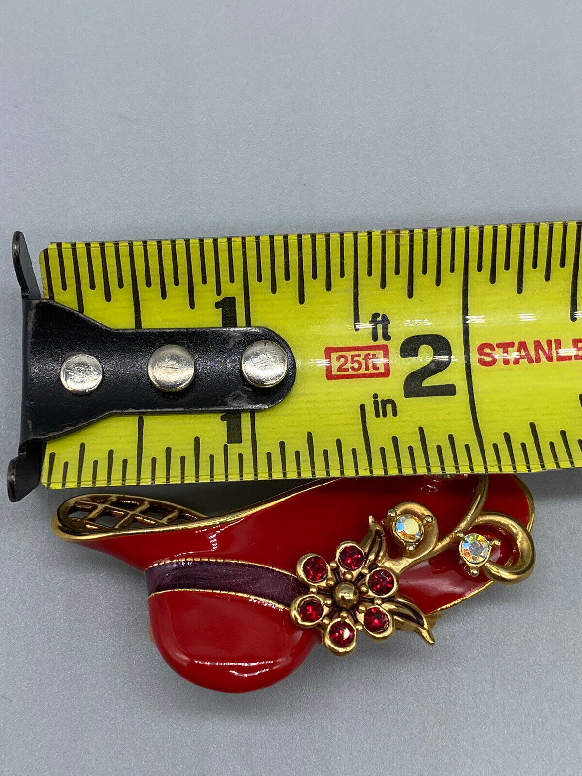 Vintage 1960s Brooch Pin Lapel Lady Hat Red Enamel Rhinestone Gold Tone