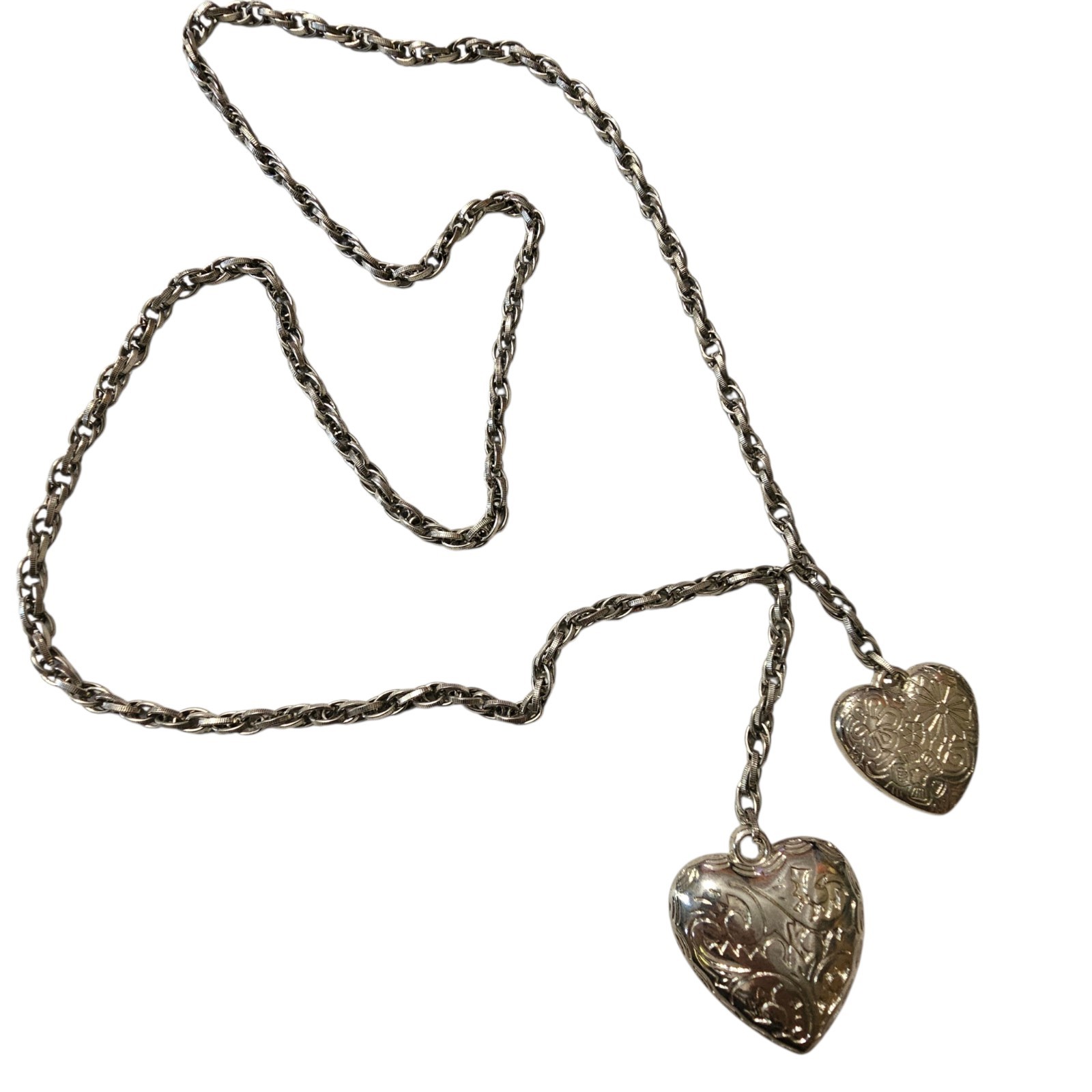 VTG Silver Tone Double Puff Heart Necklace Romantic Dangle Chain