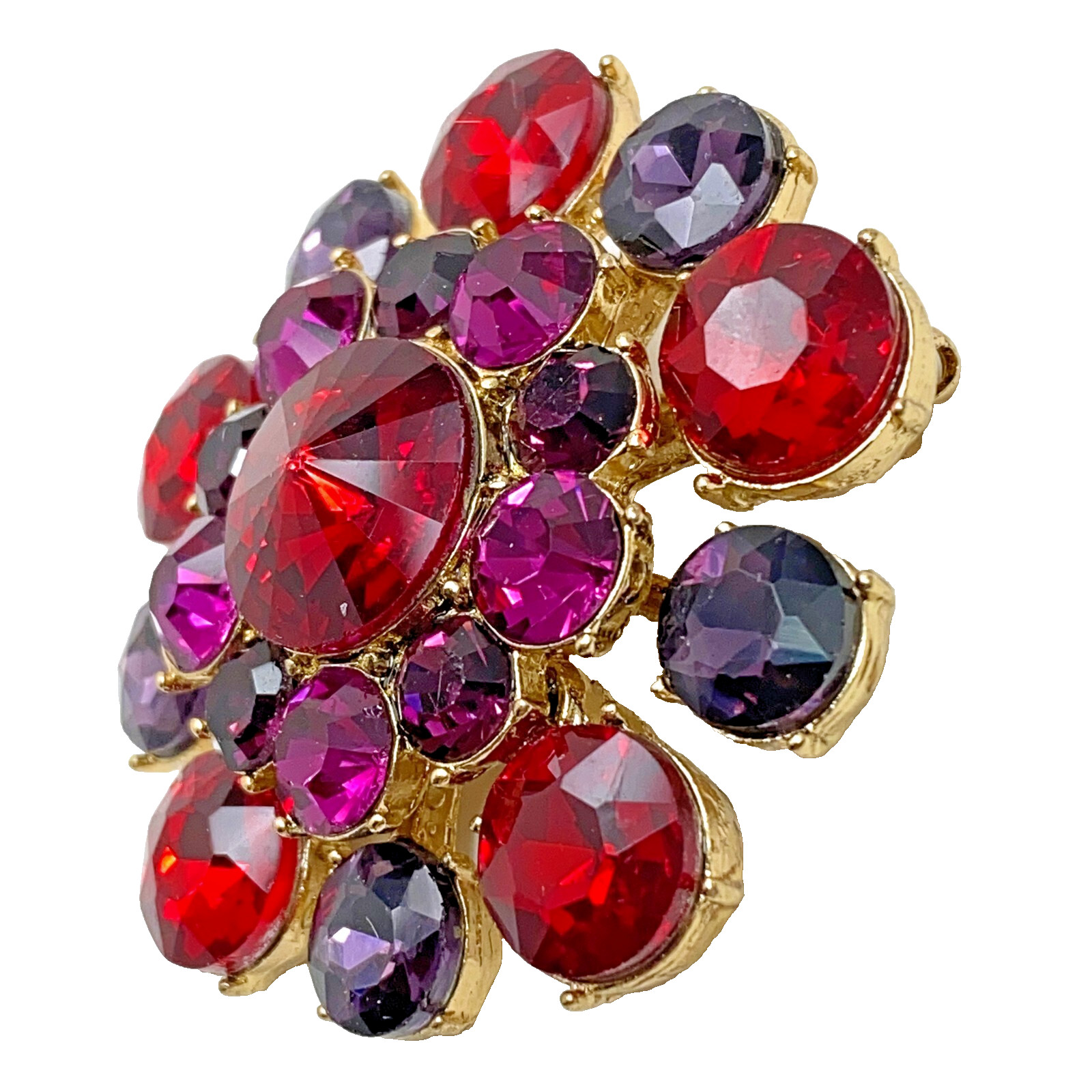 MONET Rhinestone Brooch Pink Purple Red Rivoli Center Vintage Floral Pin