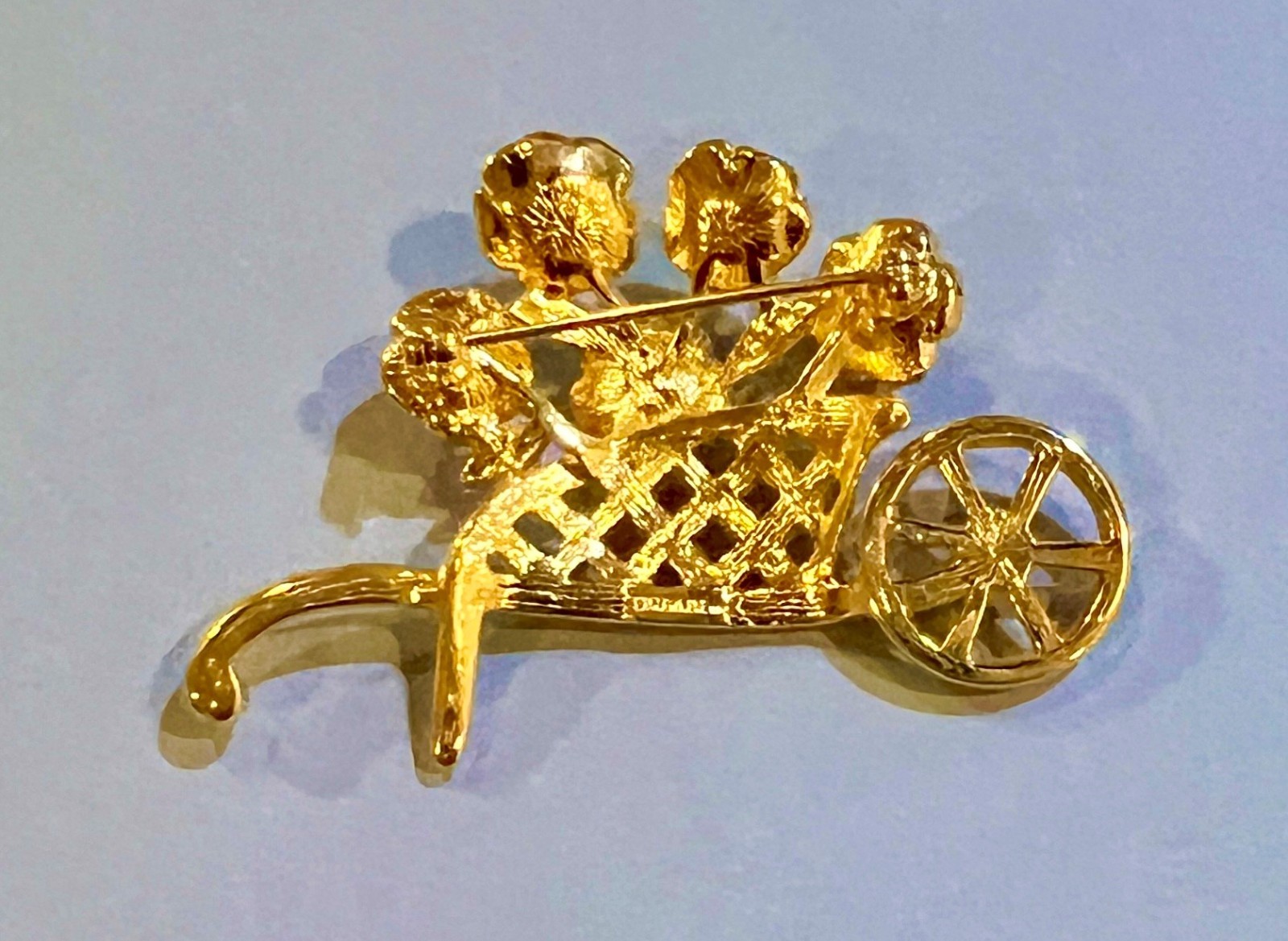 Signed Trifari Vintage Flower Wheelbarrow Brooch Pin Gold Tone 2.25 Inches Long