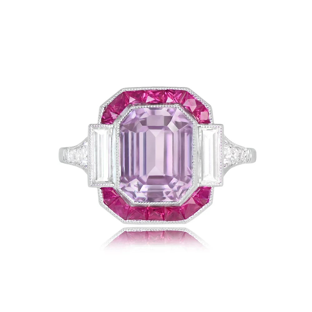 Art Deco Style 4Ct Lab Created Pink Sapphire Engagement 14K White Gold FN Ring